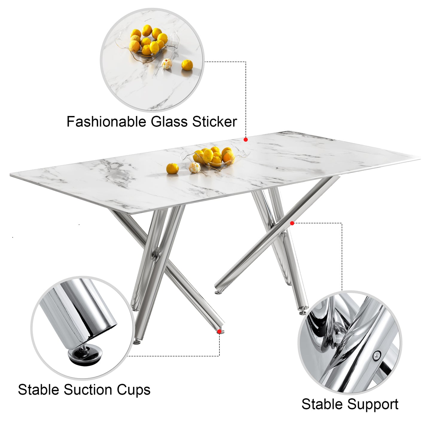 6-8 Seater Modern Kitchen Dining Table Rectangular Marble Glass Table Top with Silver Metal Legs_5