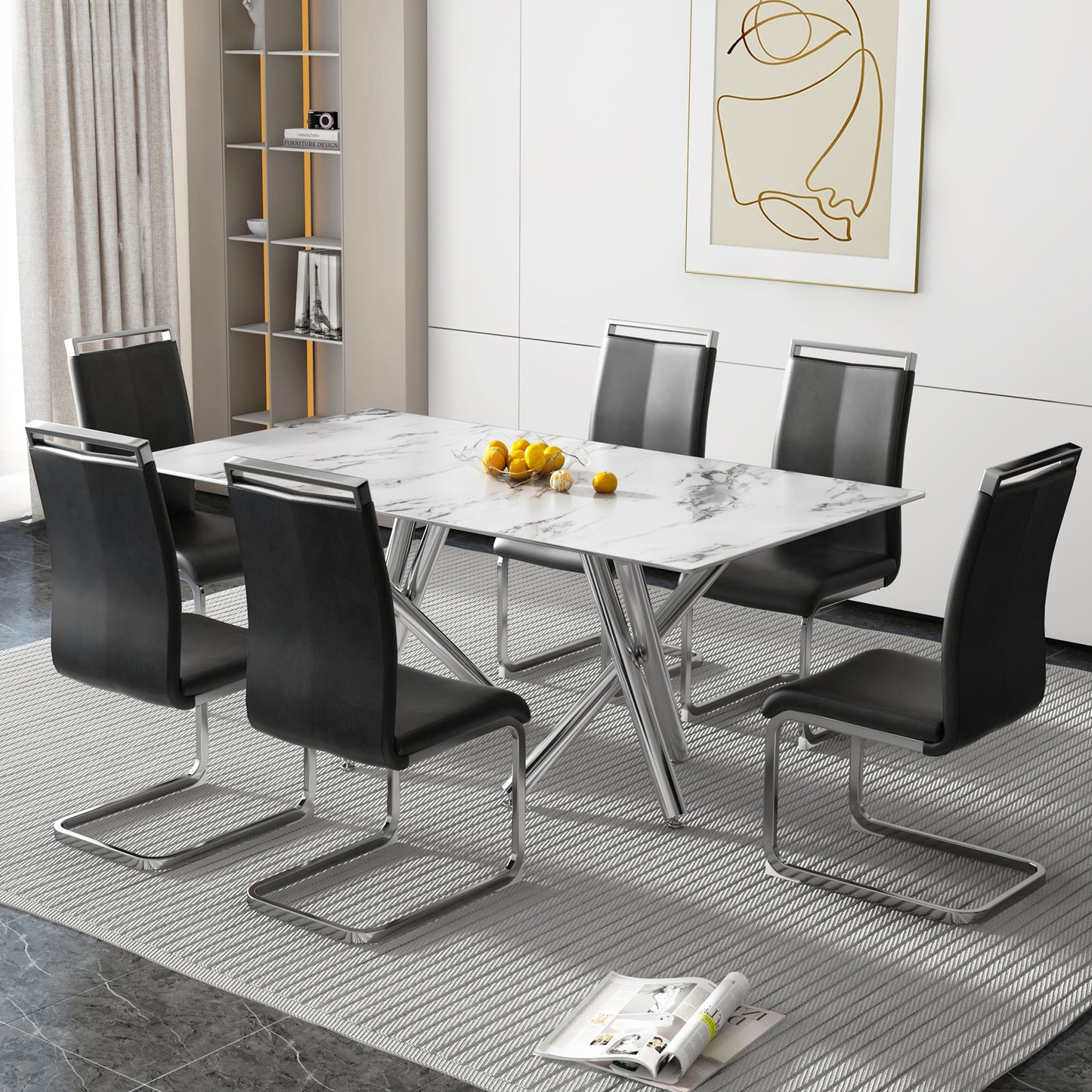 6-8 Seater Modern Kitchen Dining Table Rectangular Marble Glass Table Top with Silver Metal Legs_10