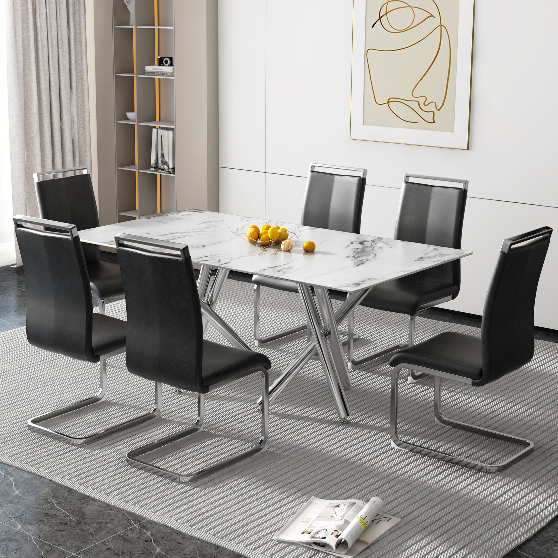 6-8 Seater Modern Kitchen Dining Table Rectangular Marble Glass Table Top with Silver Metal Legs_10