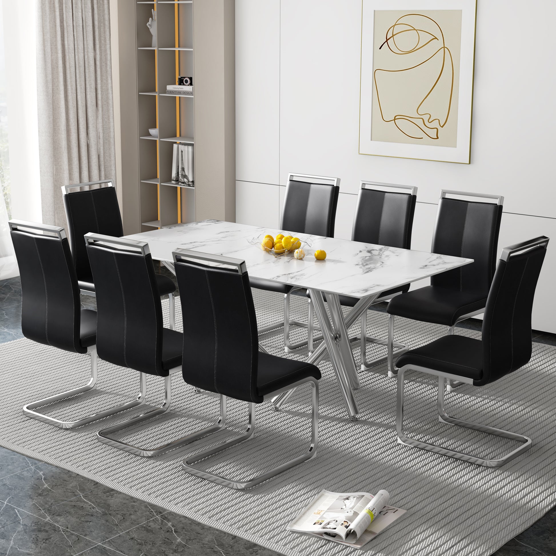 6-8 Seater Modern Kitchen Dining Table Rectangular Marble Glass Table Top with Silver Metal Legs_11