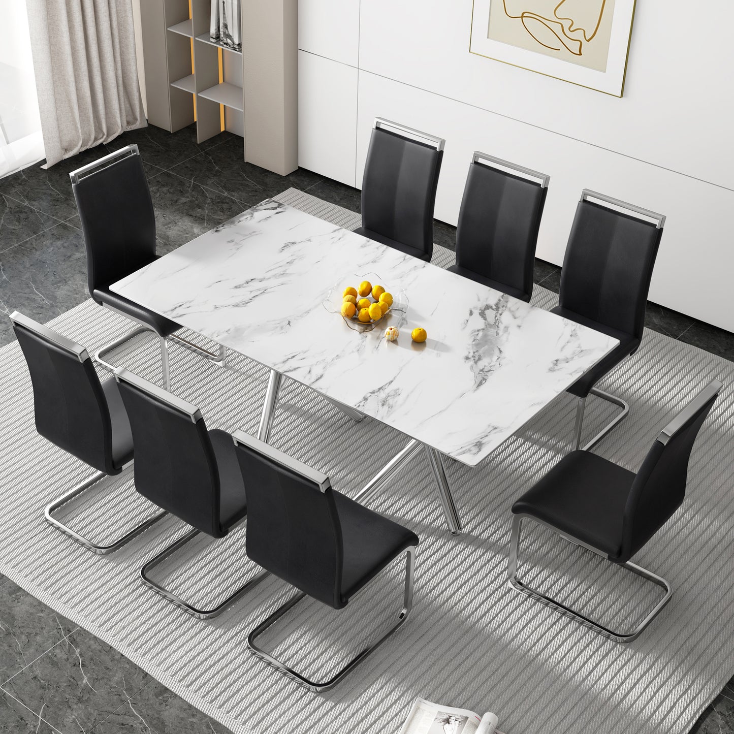 6-8 Seater Modern Kitchen Dining Table Rectangular Marble Glass Table Top with Silver Metal Legs_15