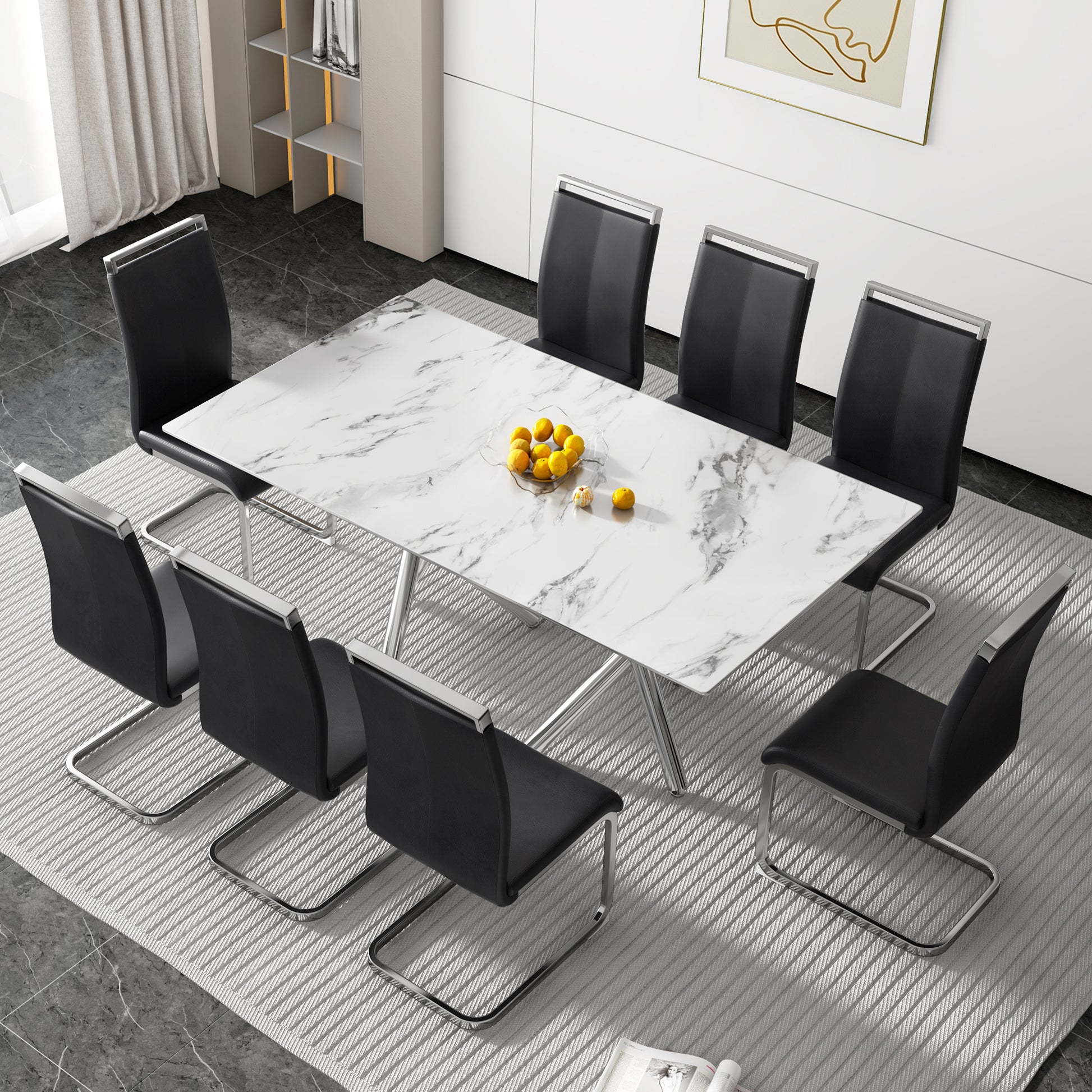 6-8 Seater Modern Kitchen Dining Table Rectangular Marble Glass Table Top with Silver Metal Legs_15