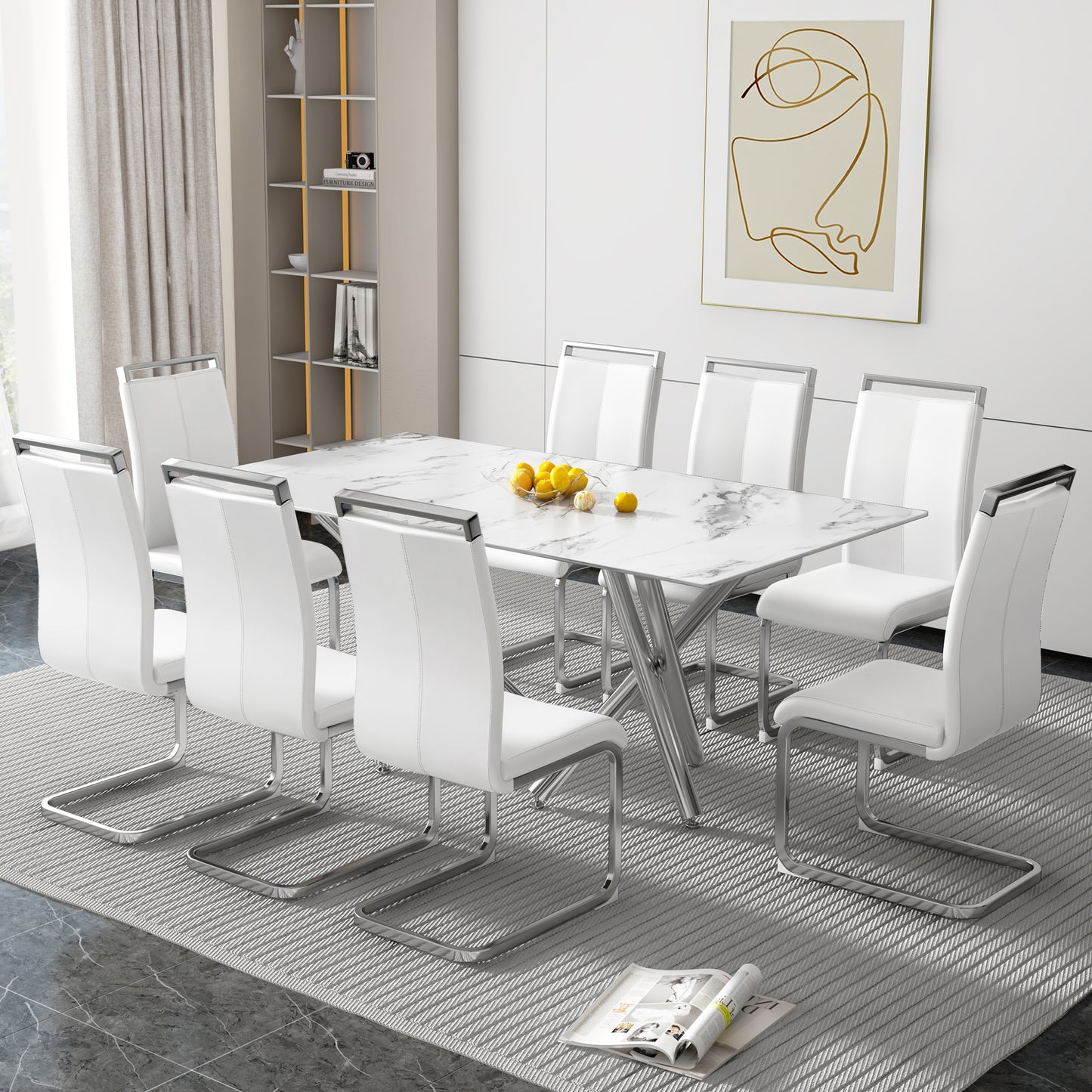 6-8 Seater Modern Kitchen Dining Table Rectangular Marble Glass Table Top with Silver Metal Legs_8