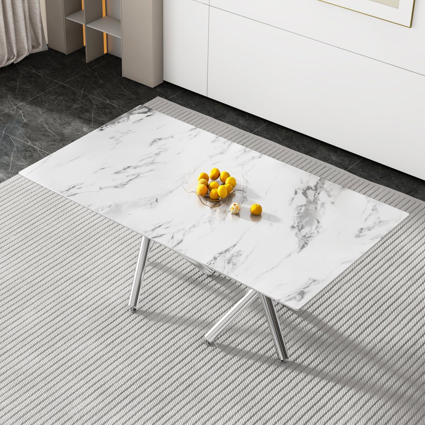 6-8 Seater Modern Kitchen Dining Table Rectangular Marble Glass Table Top with Silver Metal Legs_2