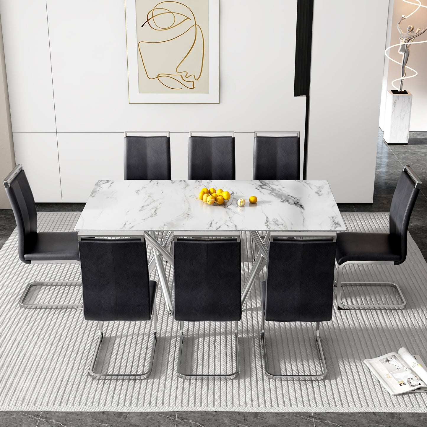 6-8 Seater Modern Kitchen Dining Table Rectangular Marble Glass Table Top with Silver Metal Legs_14