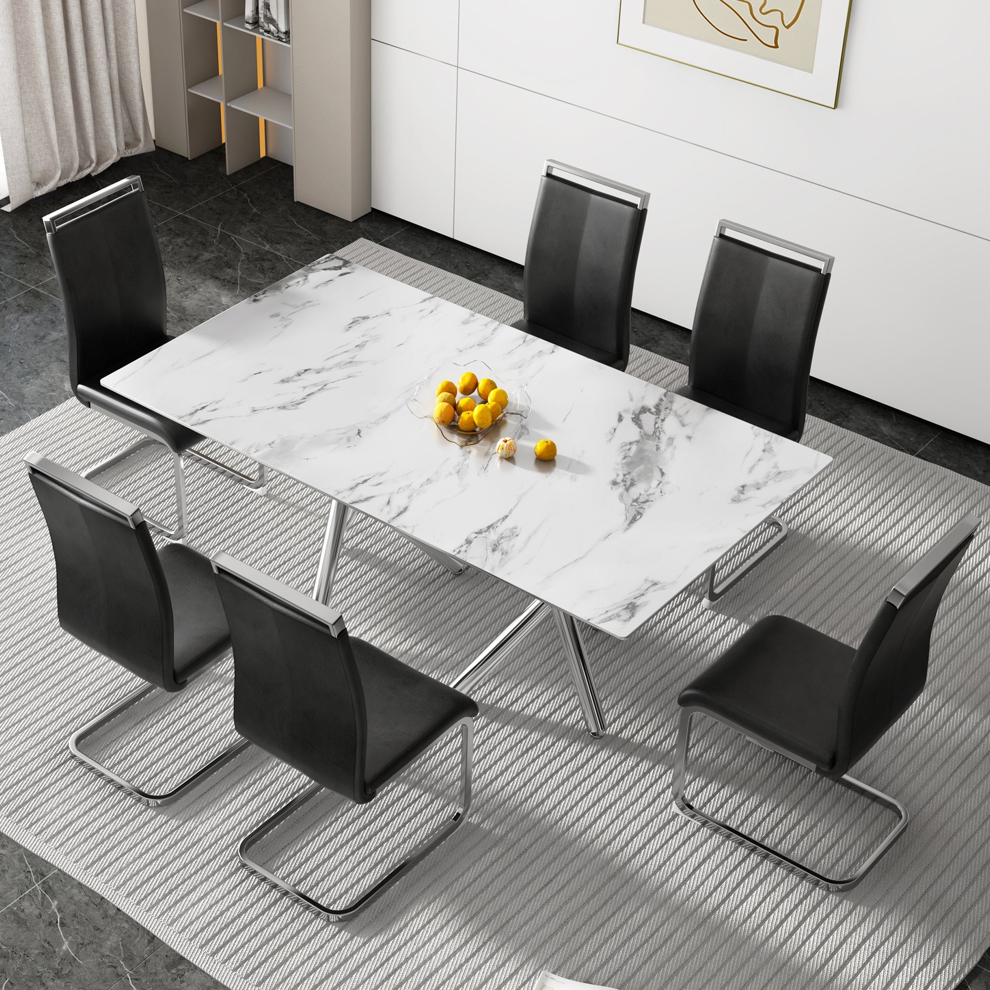 6-8 Seater Modern Kitchen Dining Table Rectangular Marble Glass Table Top with Silver Metal Legs_12
