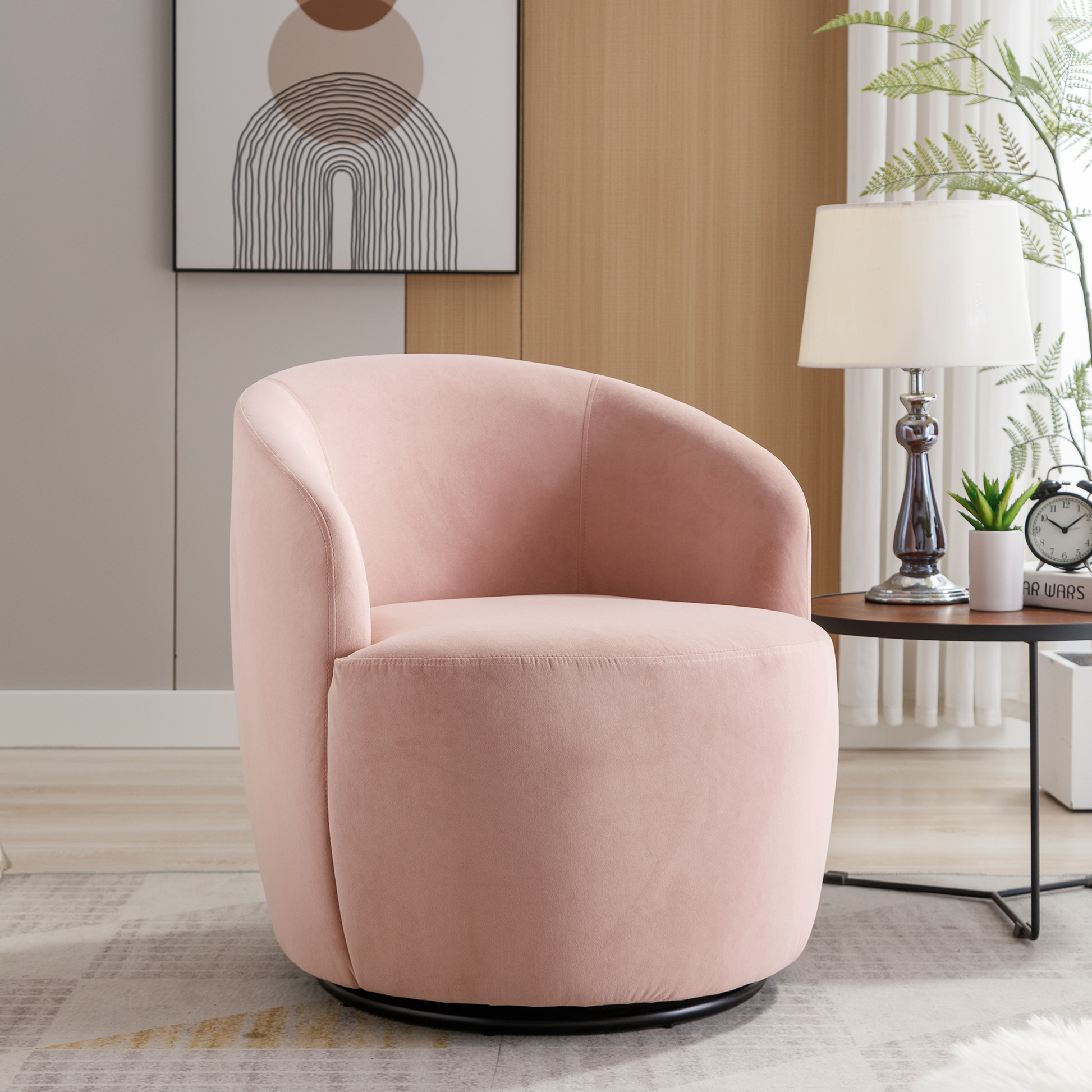 Velvet Fabric Swivel Accent Armchair Plain Barrel Chair With Black Metal Ring- Pink_0