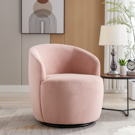 Velvet Fabric Swivel Accent Armchair Plain Barrel Chair With Black Metal Ring- Pink_0