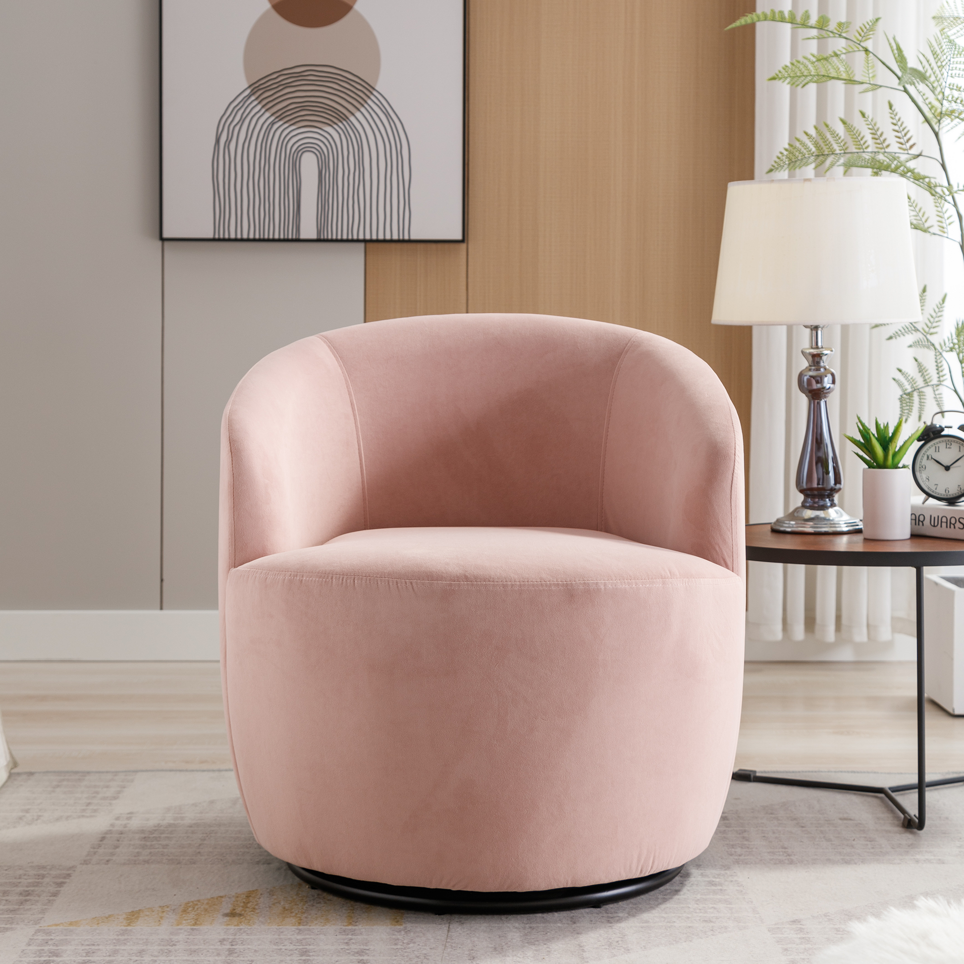 Velvet Fabric Swivel Accent Armchair Plain Barrel Chair With Black Metal Ring- Pink_1