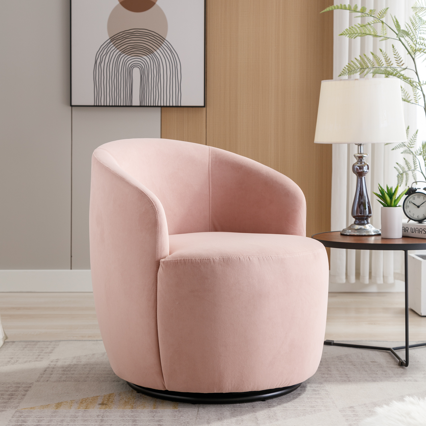 Velvet Fabric Swivel Accent Armchair Plain Barrel Chair With Black Metal Ring- Pink_2