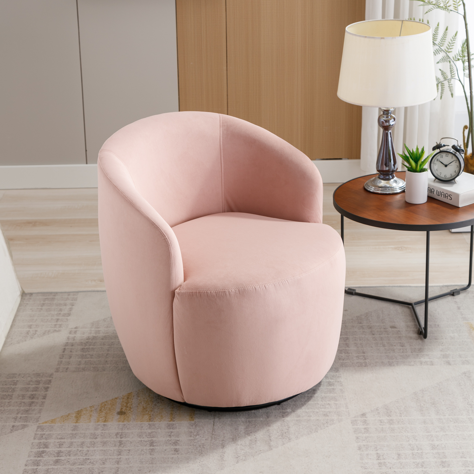 Velvet Fabric Swivel Accent Armchair Plain Barrel Chair With Black Metal Ring- Pink_9