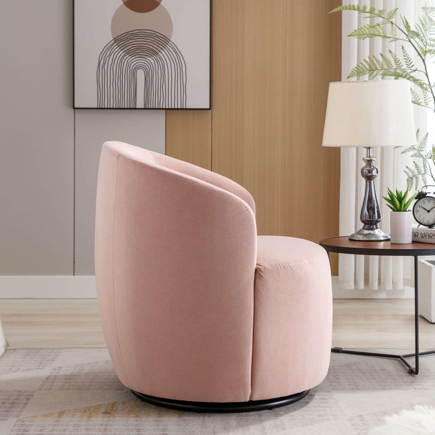 Velvet Fabric Swivel Accent Armchair Plain Barrel Chair With Black Metal Ring- Pink_12