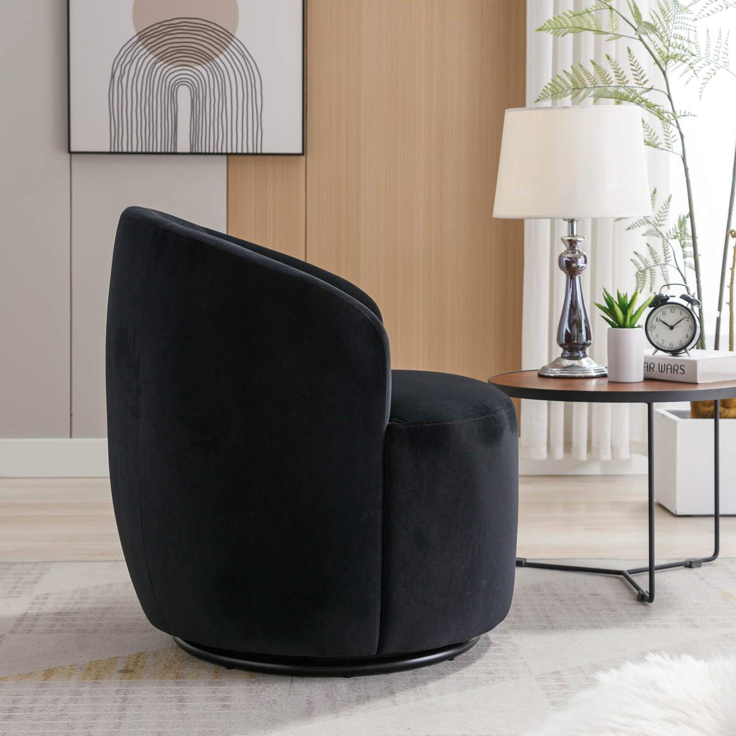 Velvet Fabric Swivel Accent Armchair Plain Barrel Chair With Black Metal Ring- Black_4