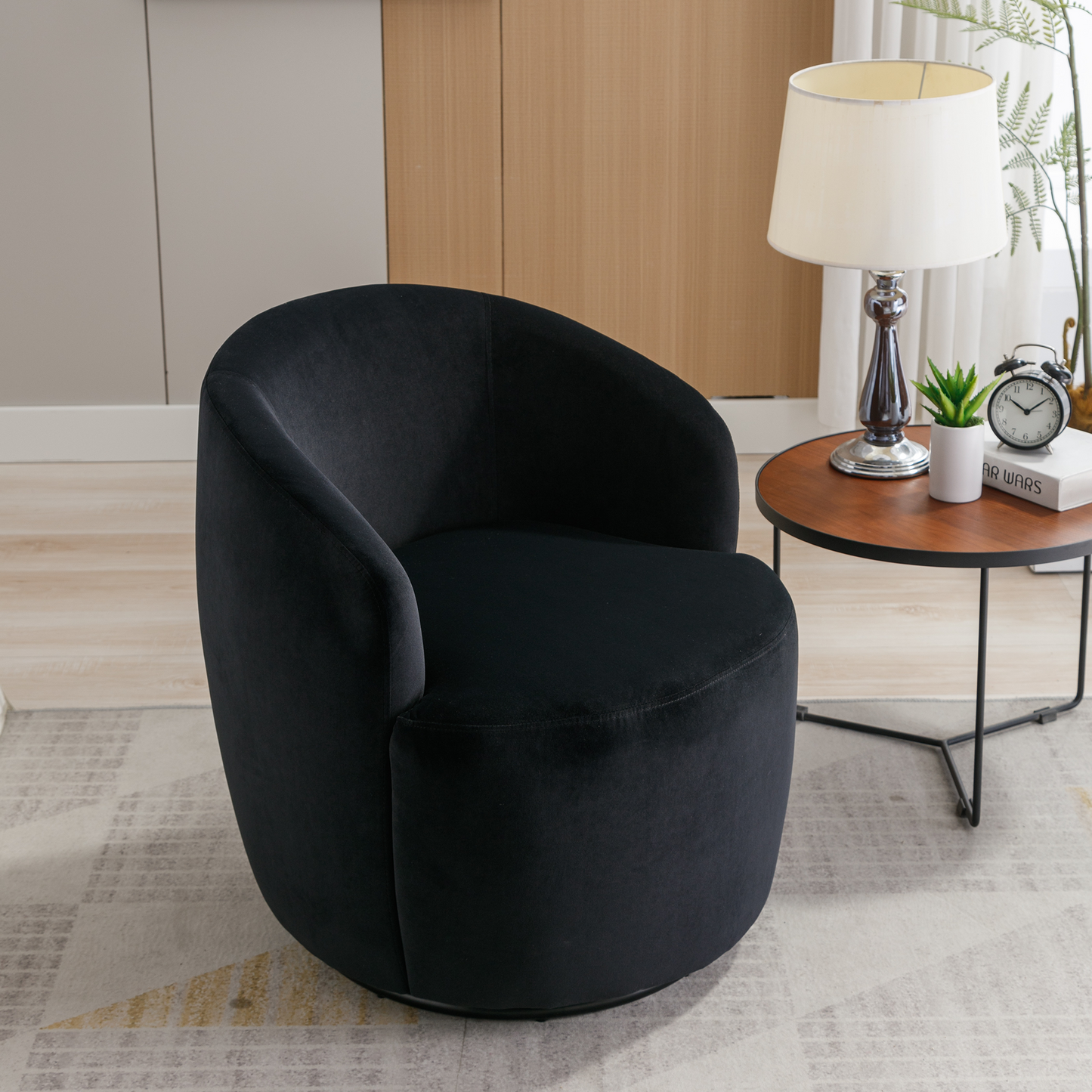 Velvet Fabric Swivel Accent Armchair Plain Barrel Chair With Black Metal Ring- Black_5