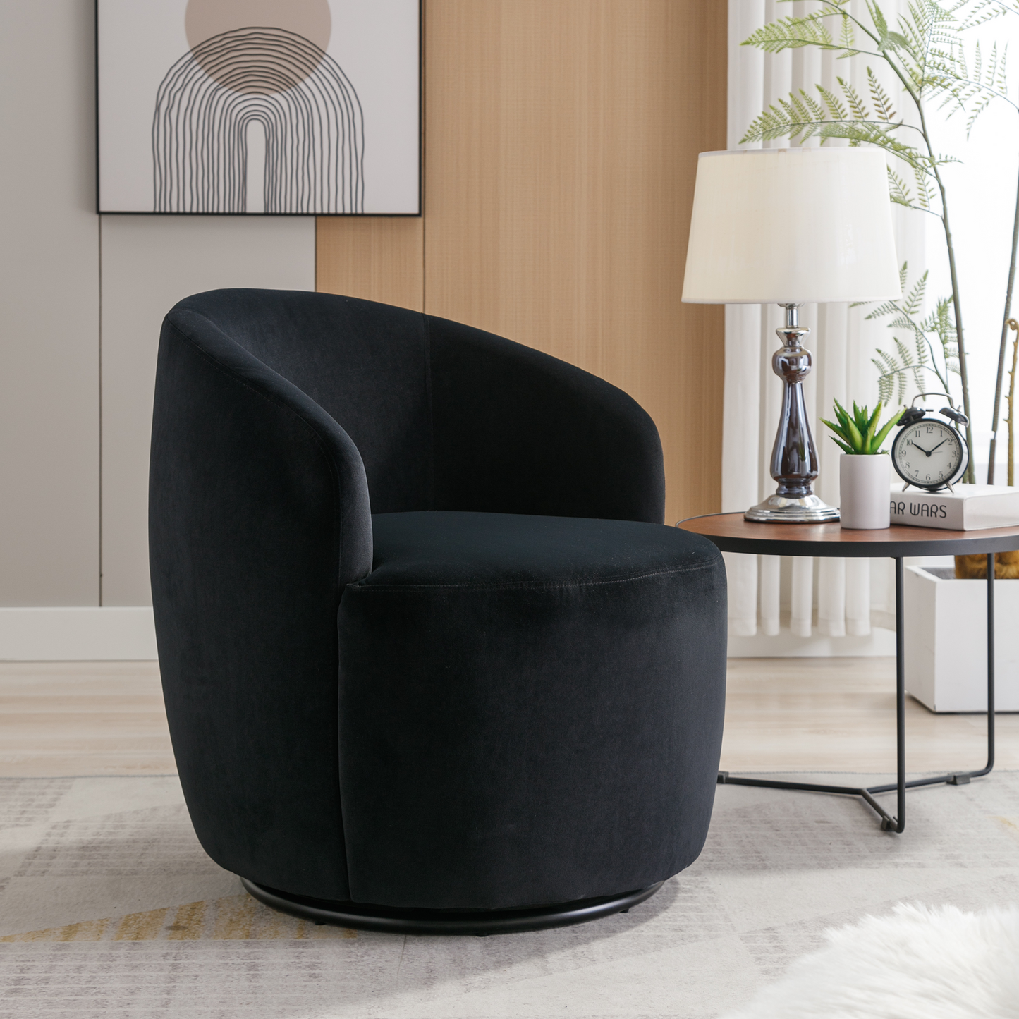 Velvet Fabric Swivel Accent Armchair Plain Barrel Chair With Black Metal Ring- Black_6