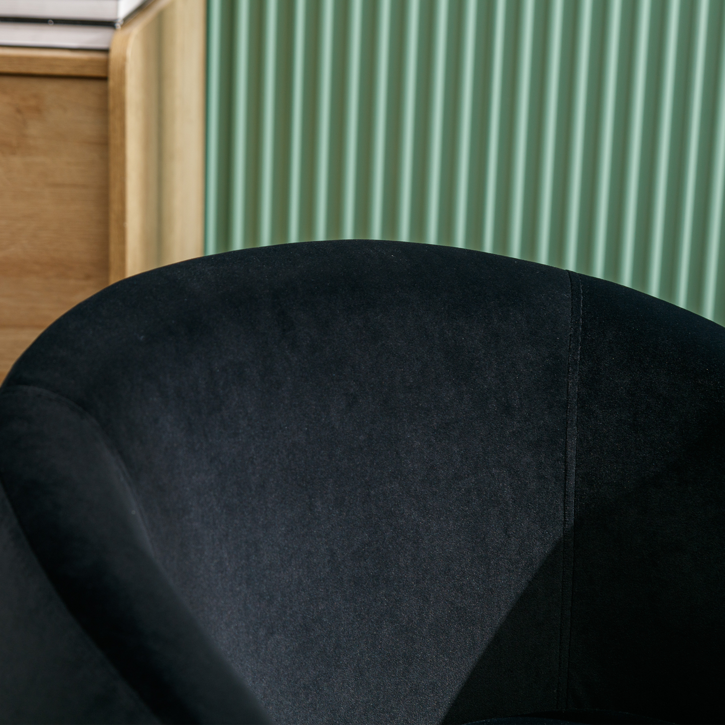 Velvet Fabric Swivel Accent Armchair Plain Barrel Chair With Black Metal Ring- Black_7