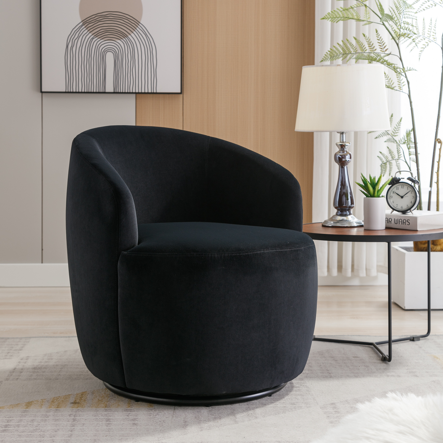 Velvet Fabric Swivel Accent Armchair Plain Barrel Chair With Black Metal Ring- Black_8