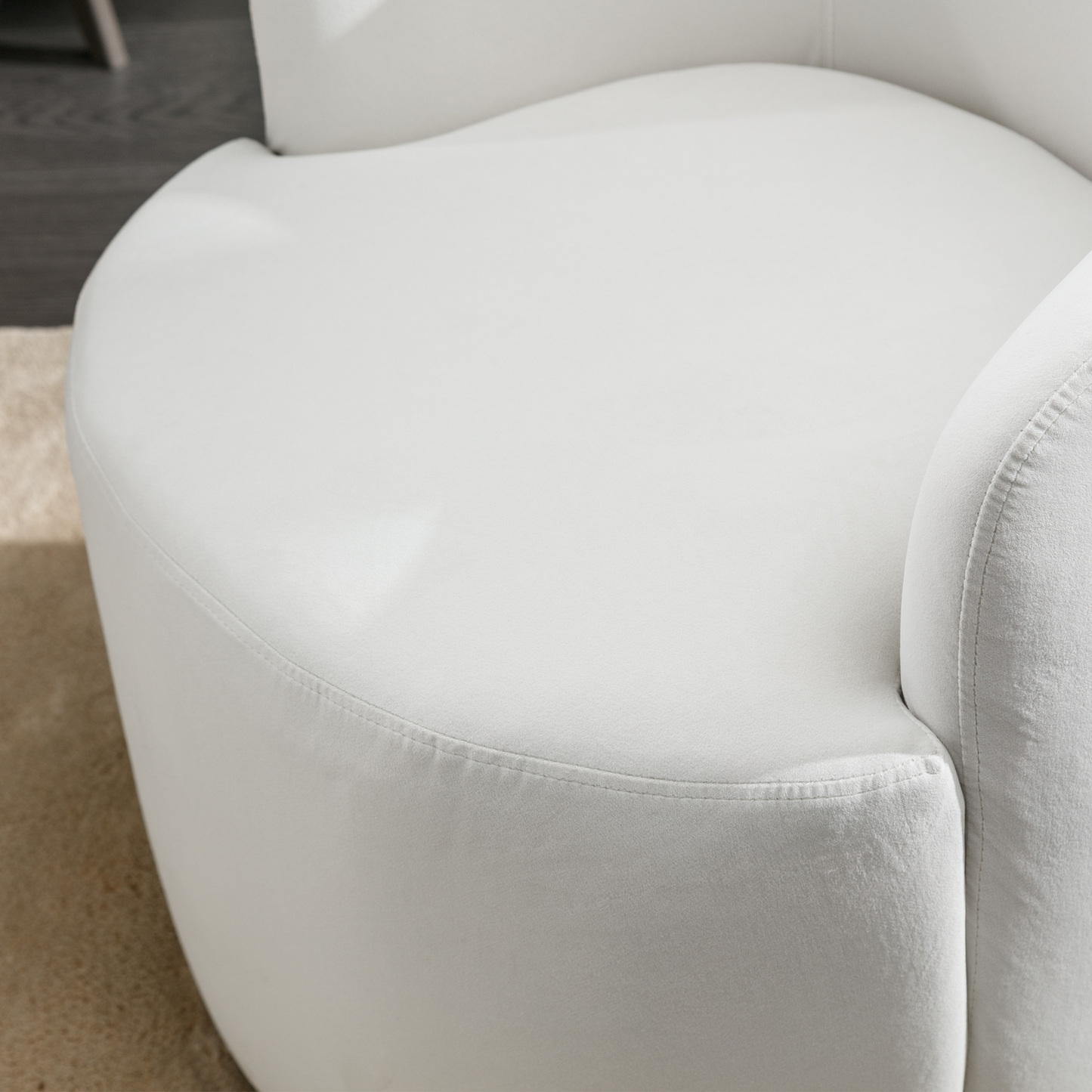 Velvet Fabric Swivel Accent Armchair Plain Barrel Chair With Black Metal Ring- White_7