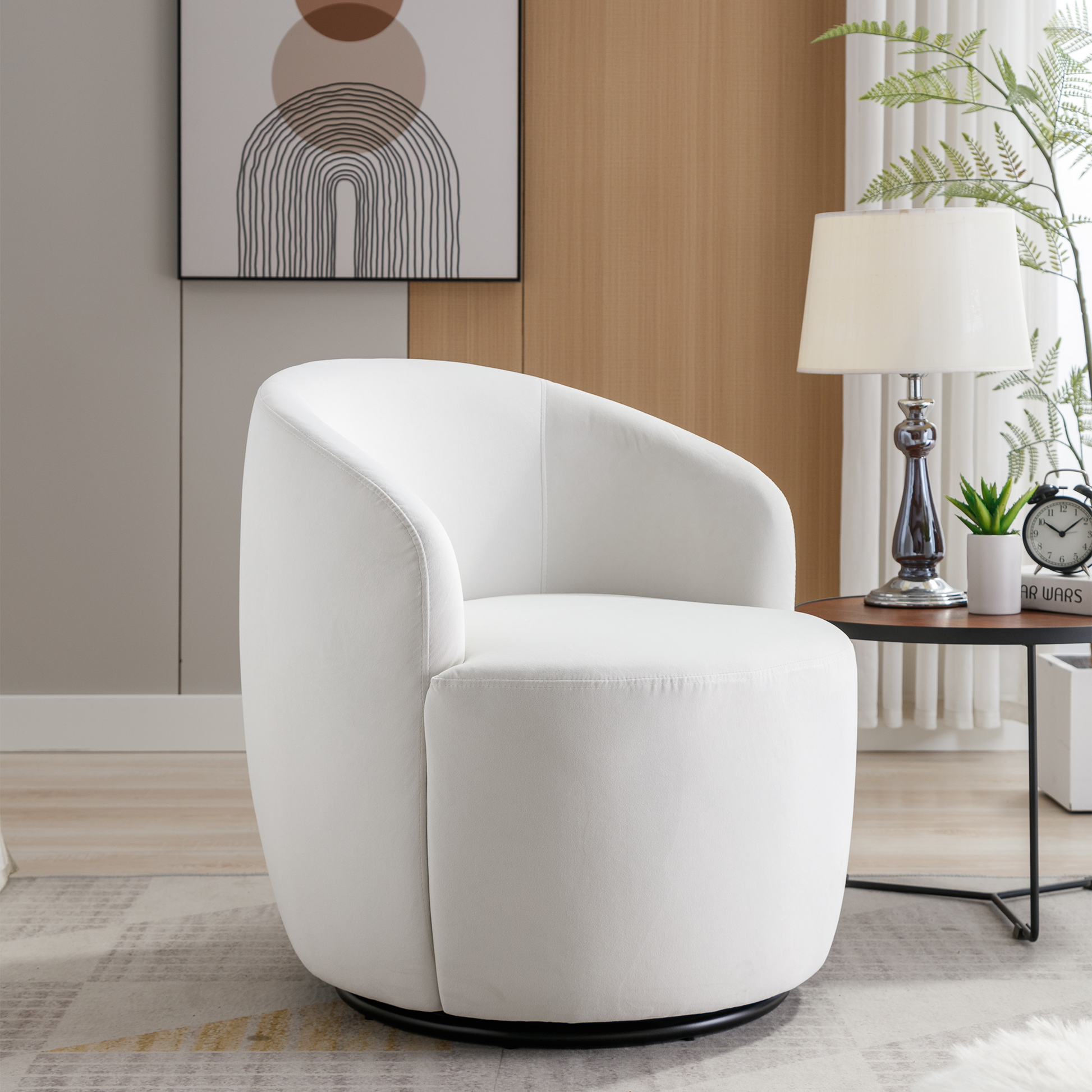 Velvet Fabric Swivel Accent Armchair Plain Barrel Chair With Black Metal Ring- White_5