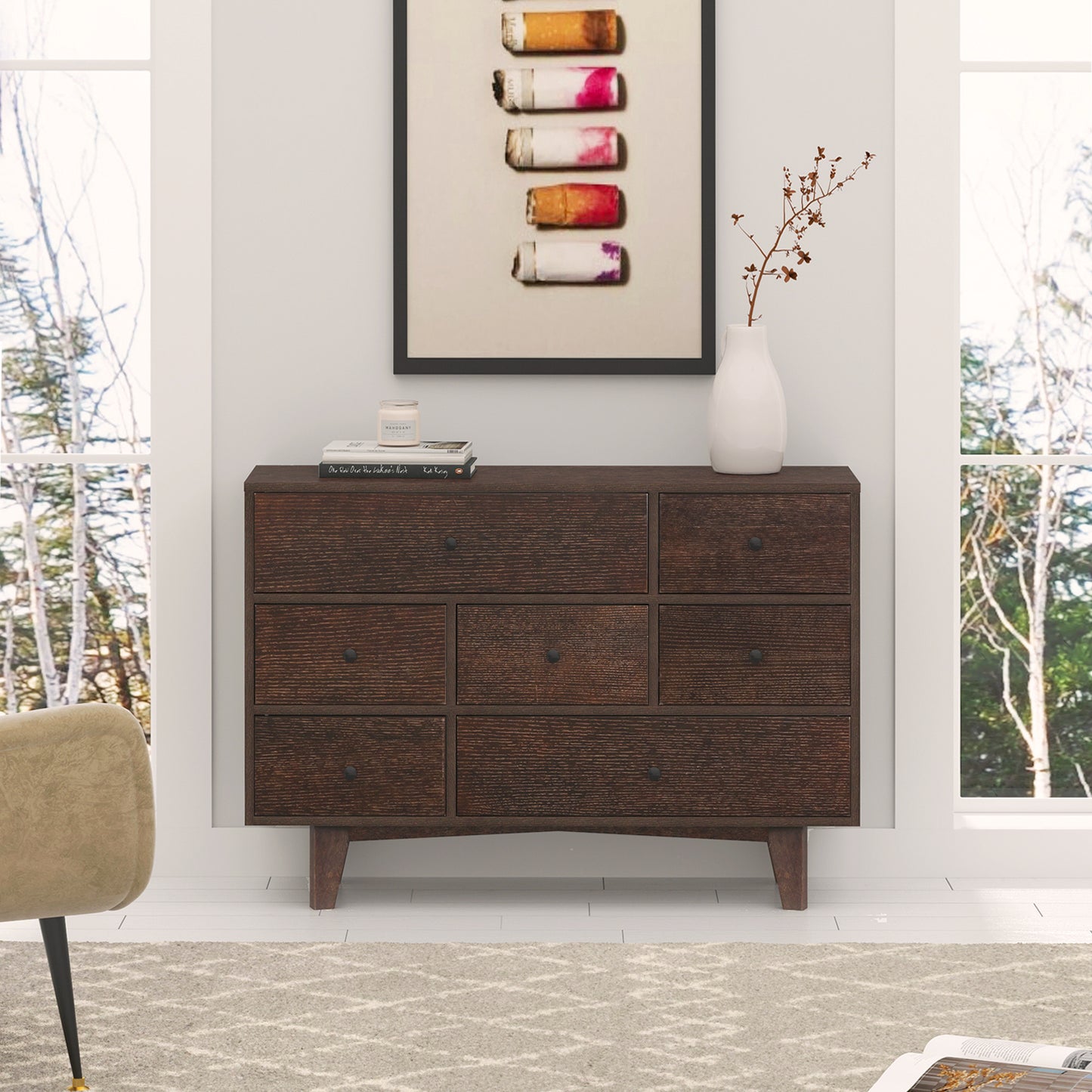 7 Drawers Solid Wood Free Standing Storage Cabinet Dresser Console- Auburn_6