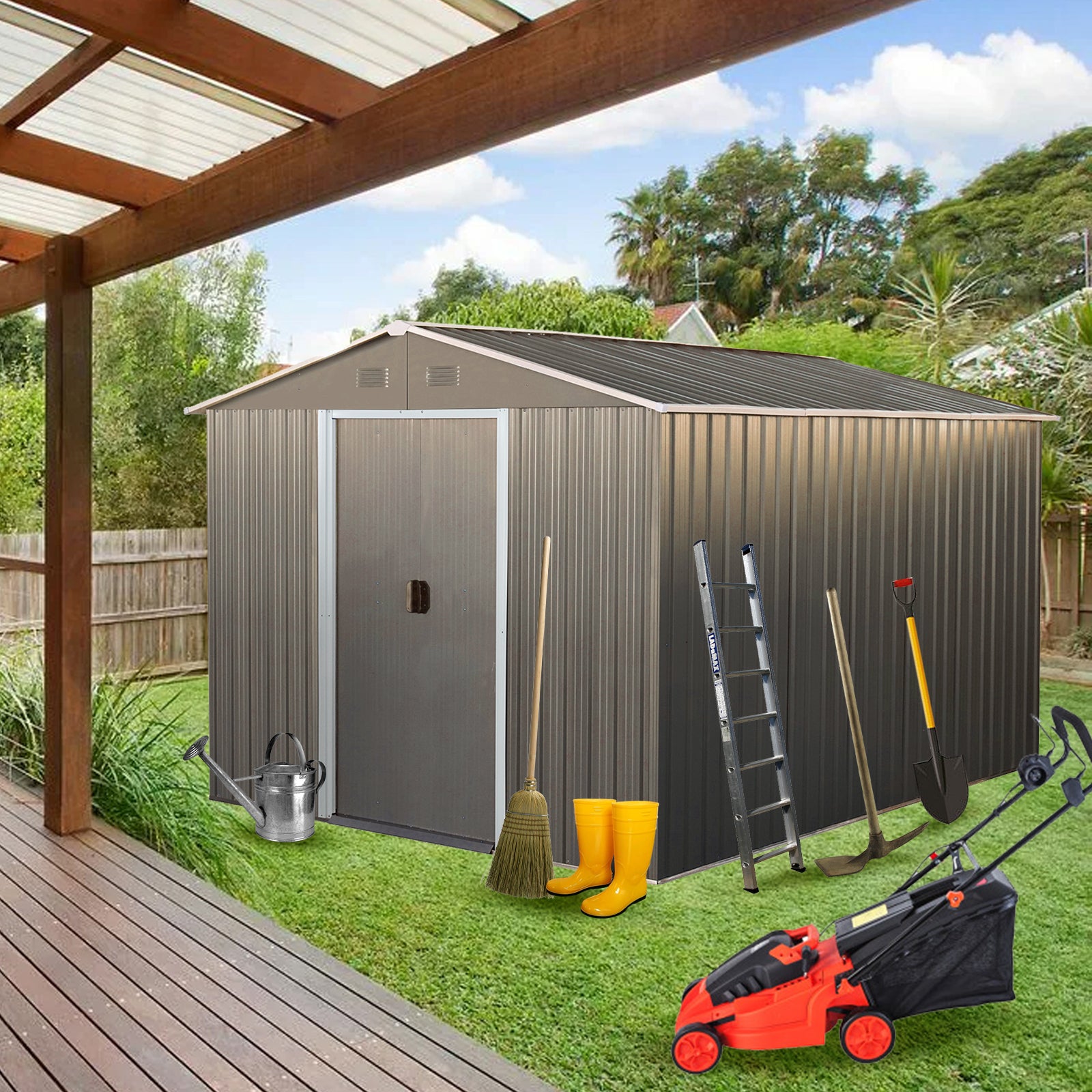 8x10ft Strong and Sturdy Outdoor Metal Storage Shed with Metal Floor Frame-Gray_1