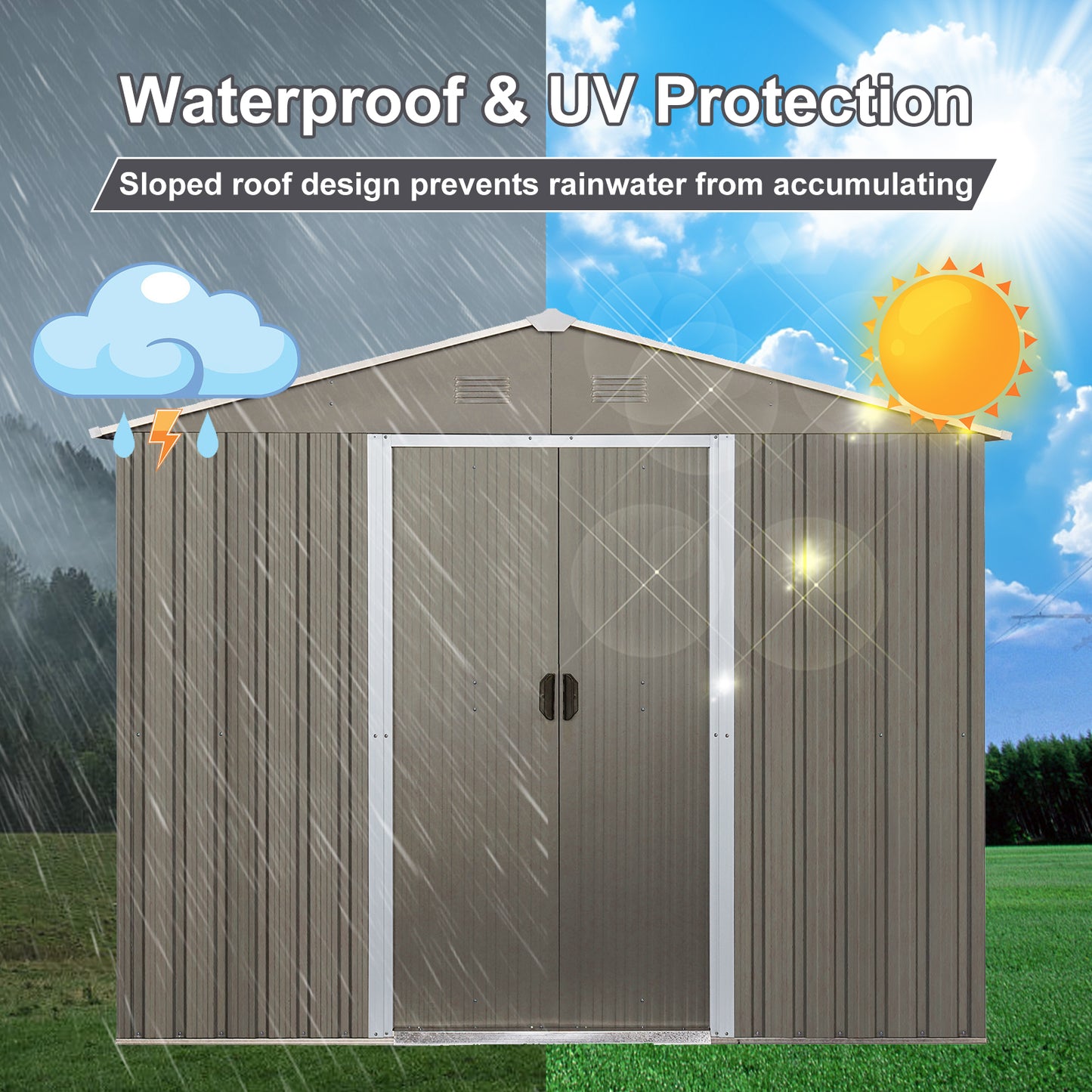 8x10ft Strong and Sturdy Outdoor Metal Storage Shed with Metal Floor Frame-Gray_2