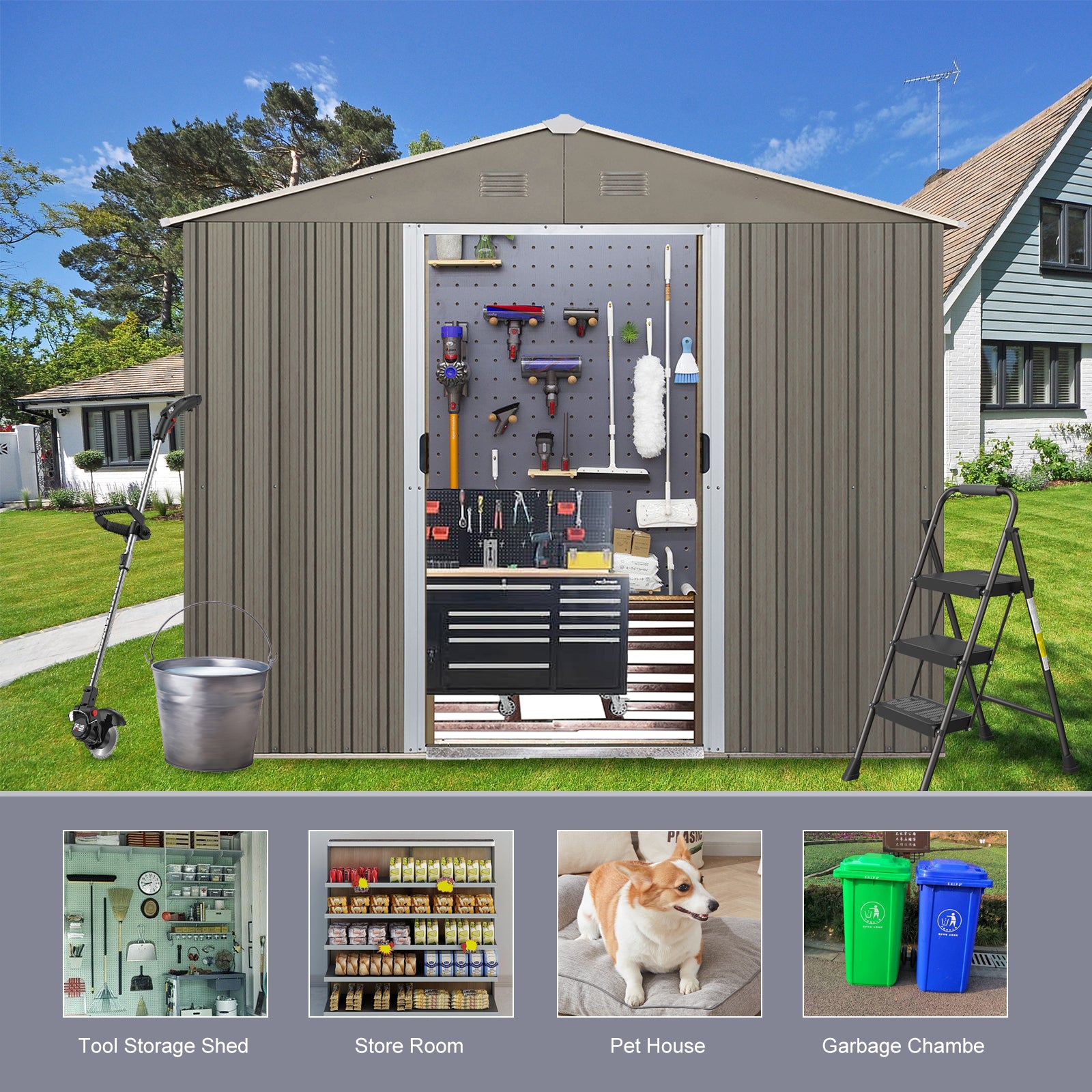 8x10ft Strong and Sturdy Outdoor Metal Storage Shed with Metal Floor Frame-Gray_3