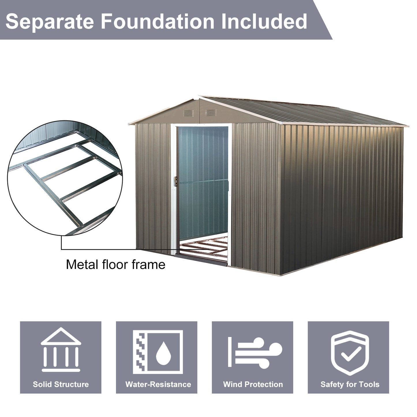 8x10ft Strong and Sturdy Outdoor Metal Storage Shed with Metal Floor Frame-Gray_5