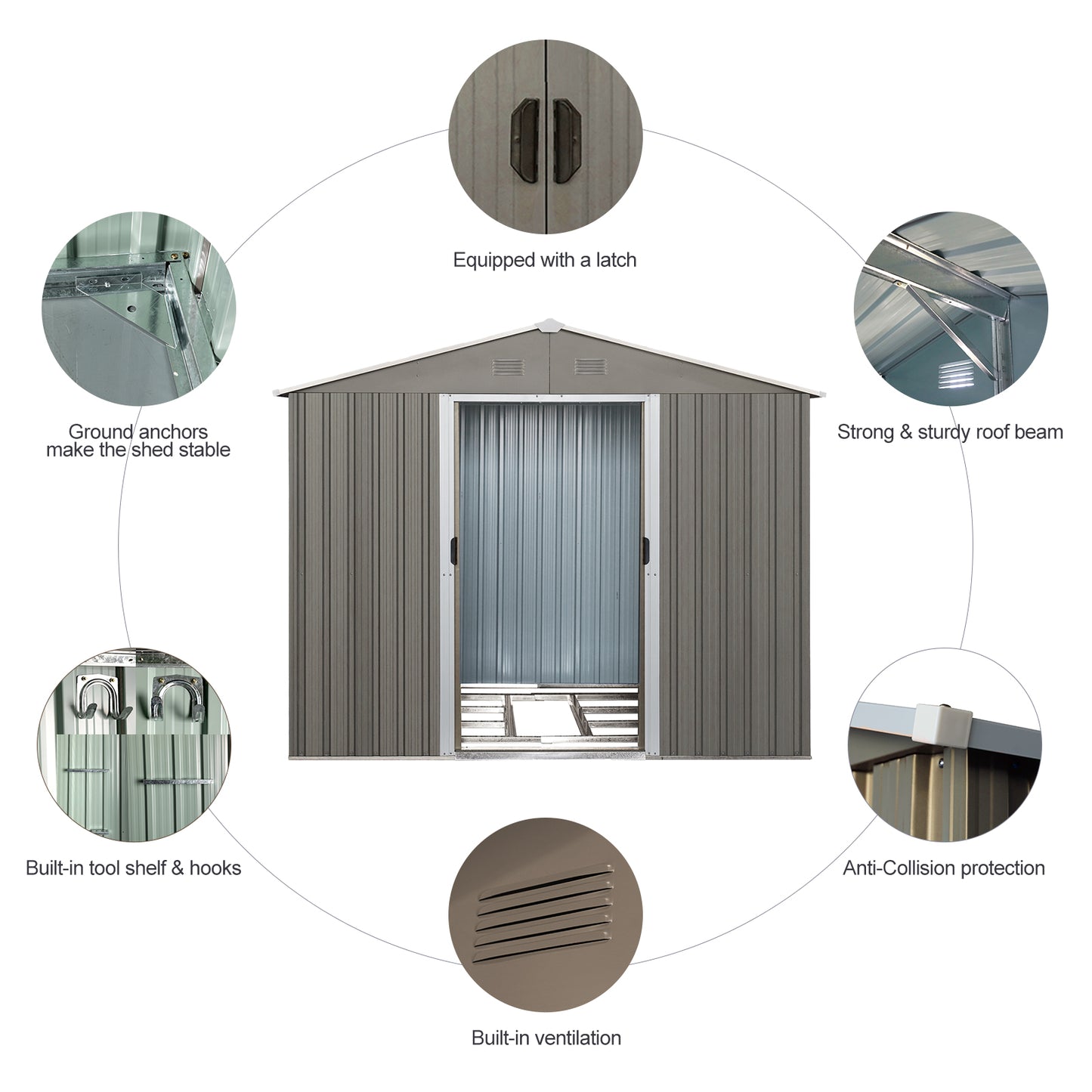 8x10ft Strong and Sturdy Outdoor Metal Storage Shed with Metal Floor Frame-Gray_7