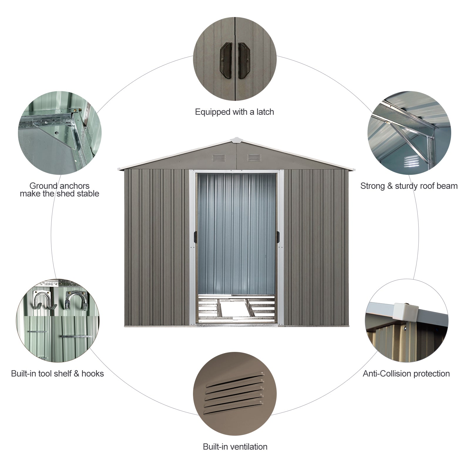 8x10ft Strong and Sturdy Outdoor Metal Storage Shed with Metal Floor Frame-Gray_7