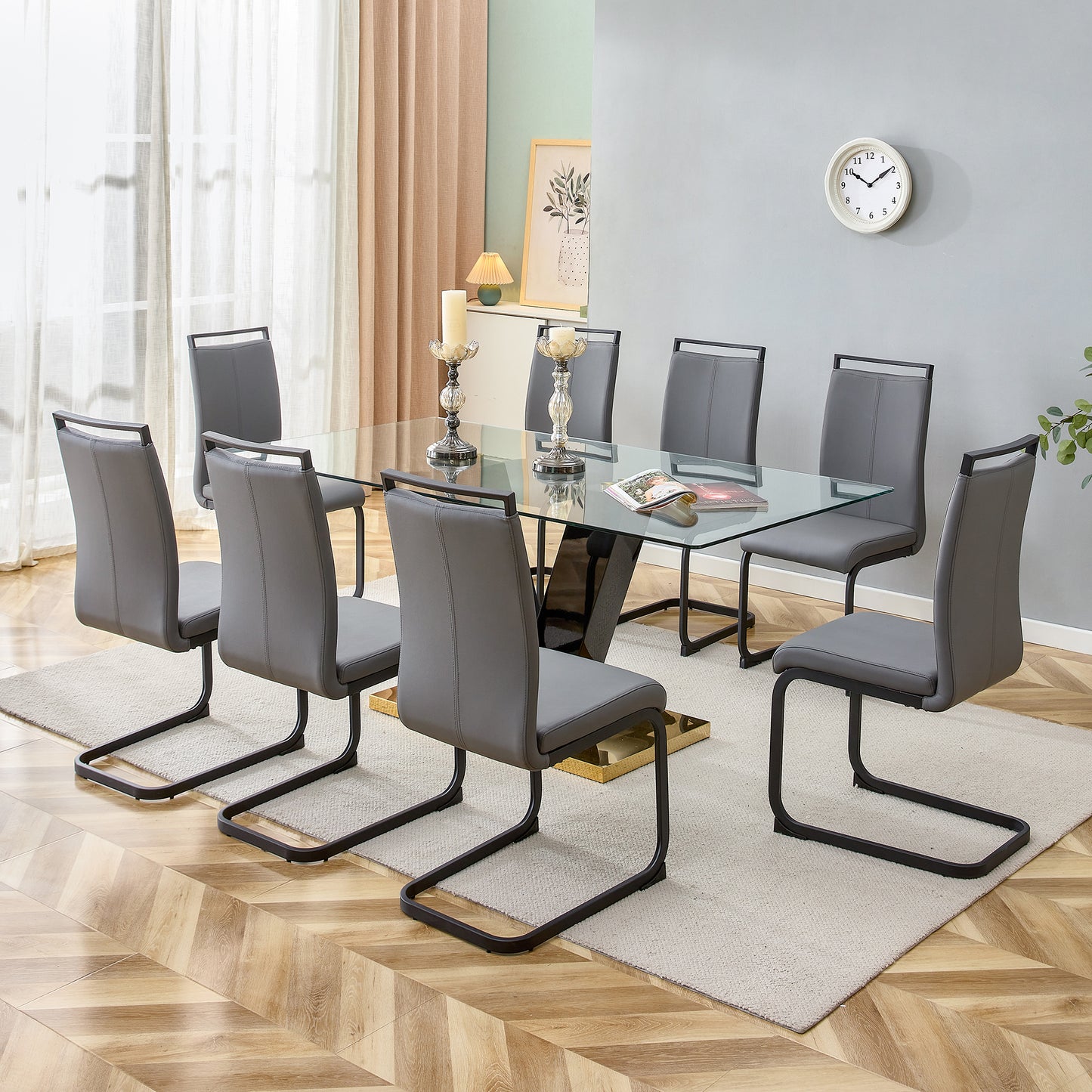 6-8 Seater Modern Minimalist 0.4" Tempered Glass Tabletop and V-Shaped Slab Legs- Black, Gold_3