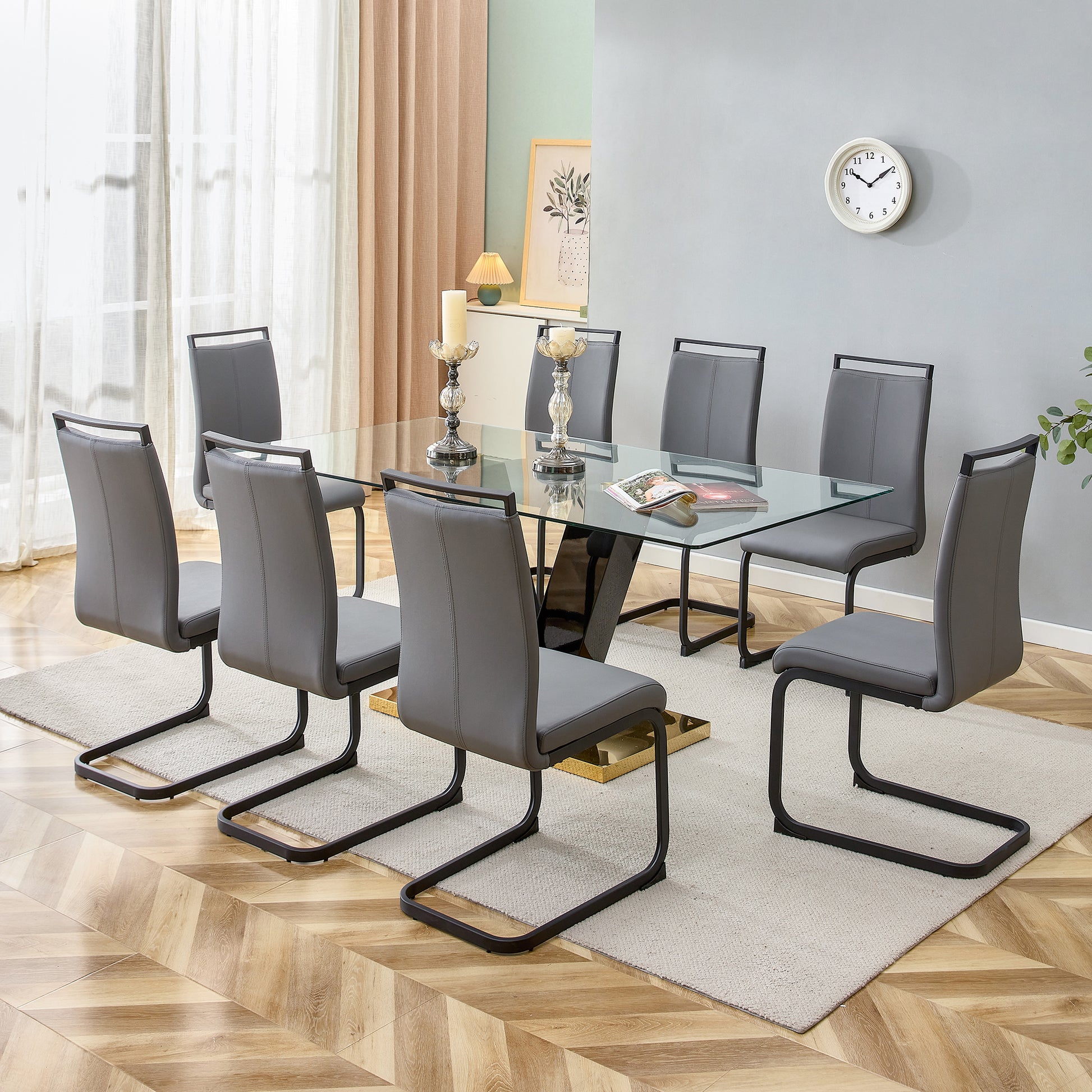 6-8 Seater Modern Minimalist 0.4" Tempered Glass Tabletop and V-Shaped Slab Legs- Black, Gold_3