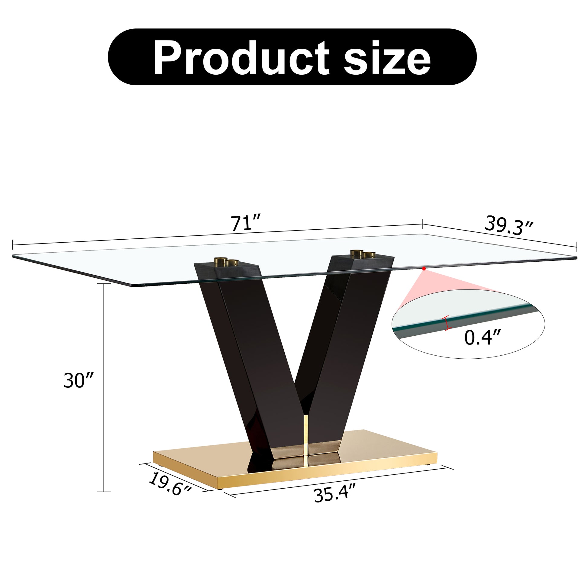 6-8 Seater Modern Minimalist 0.4" Tempered Glass Tabletop and V-Shaped Slab Legs- Black, Gold_23