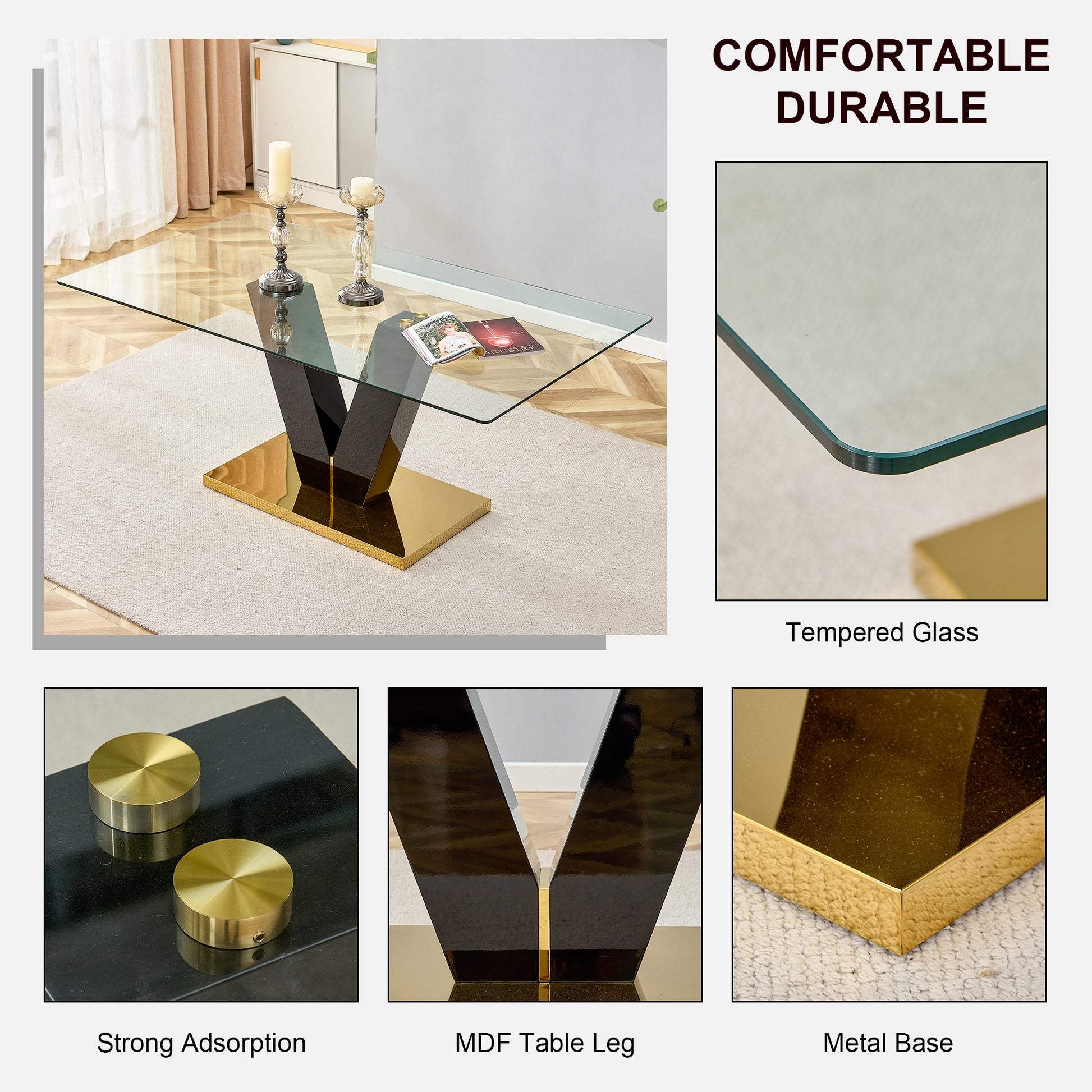 6-8 Seater Modern Minimalist 0.4" Tempered Glass Tabletop and V-Shaped Slab Legs- Black, Gold_22