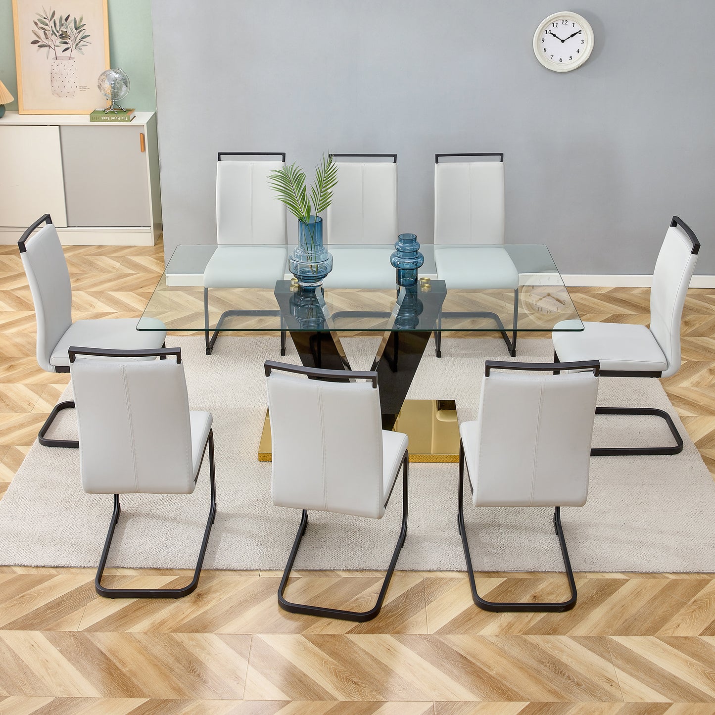 6-8 Seater Modern Minimalist 0.4" Tempered Glass Tabletop and V-Shaped Slab Legs- Black, Gold_5