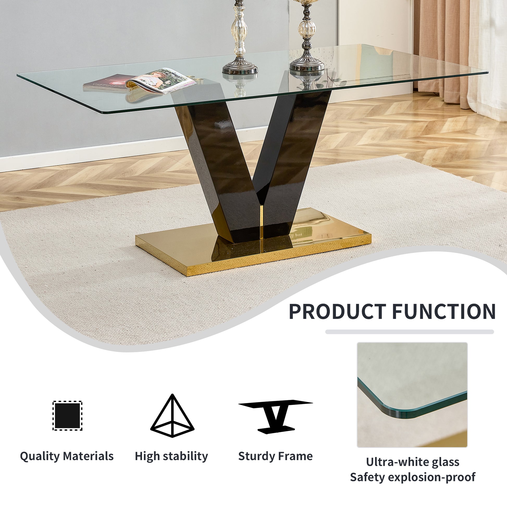6-8 Seater Modern Minimalist 0.4" Tempered Glass Tabletop and V-Shaped Slab Legs- Black, Gold_24
