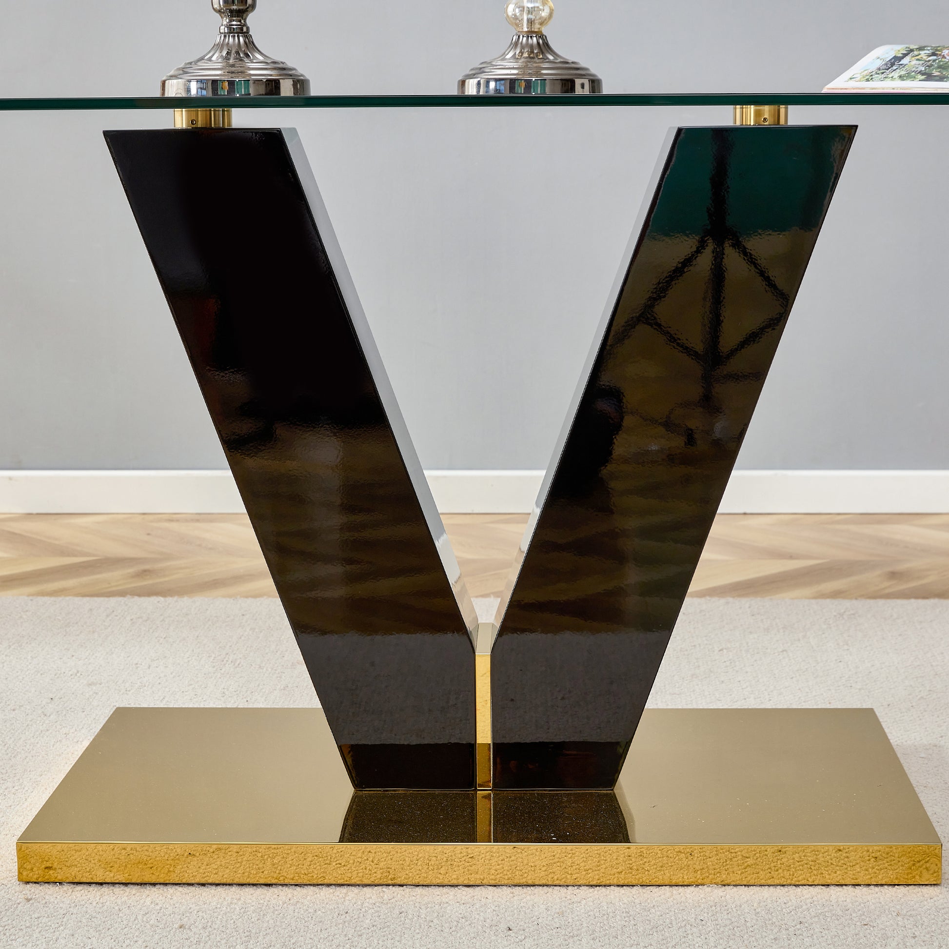 6-8 Seater Modern Minimalist 0.4" Tempered Glass Tabletop and V-Shaped Slab Legs- Black, Gold_10