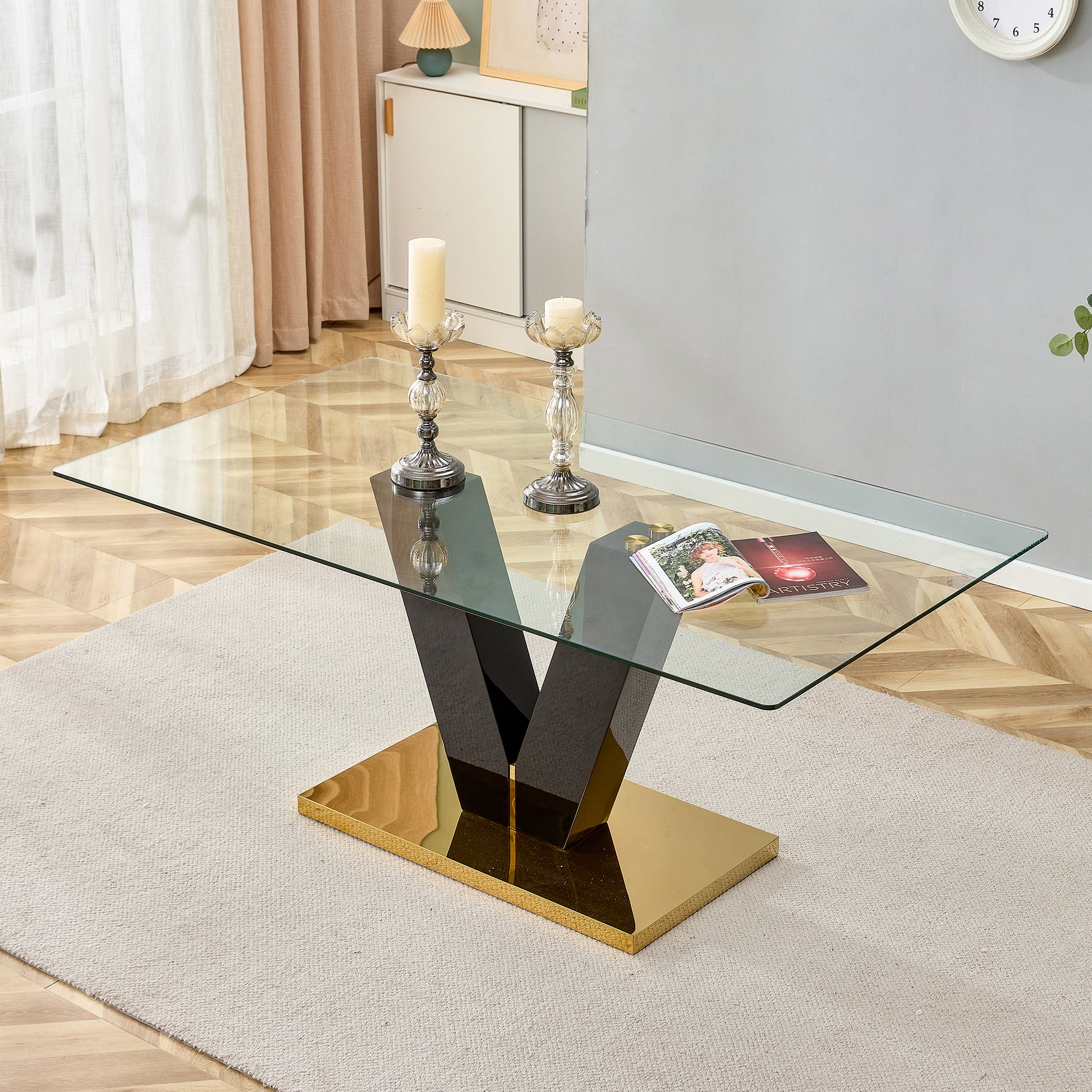 6-8 Seater Modern Minimalist 0.4" Tempered Glass Tabletop and V-Shaped Slab Legs- Black, Gold_1