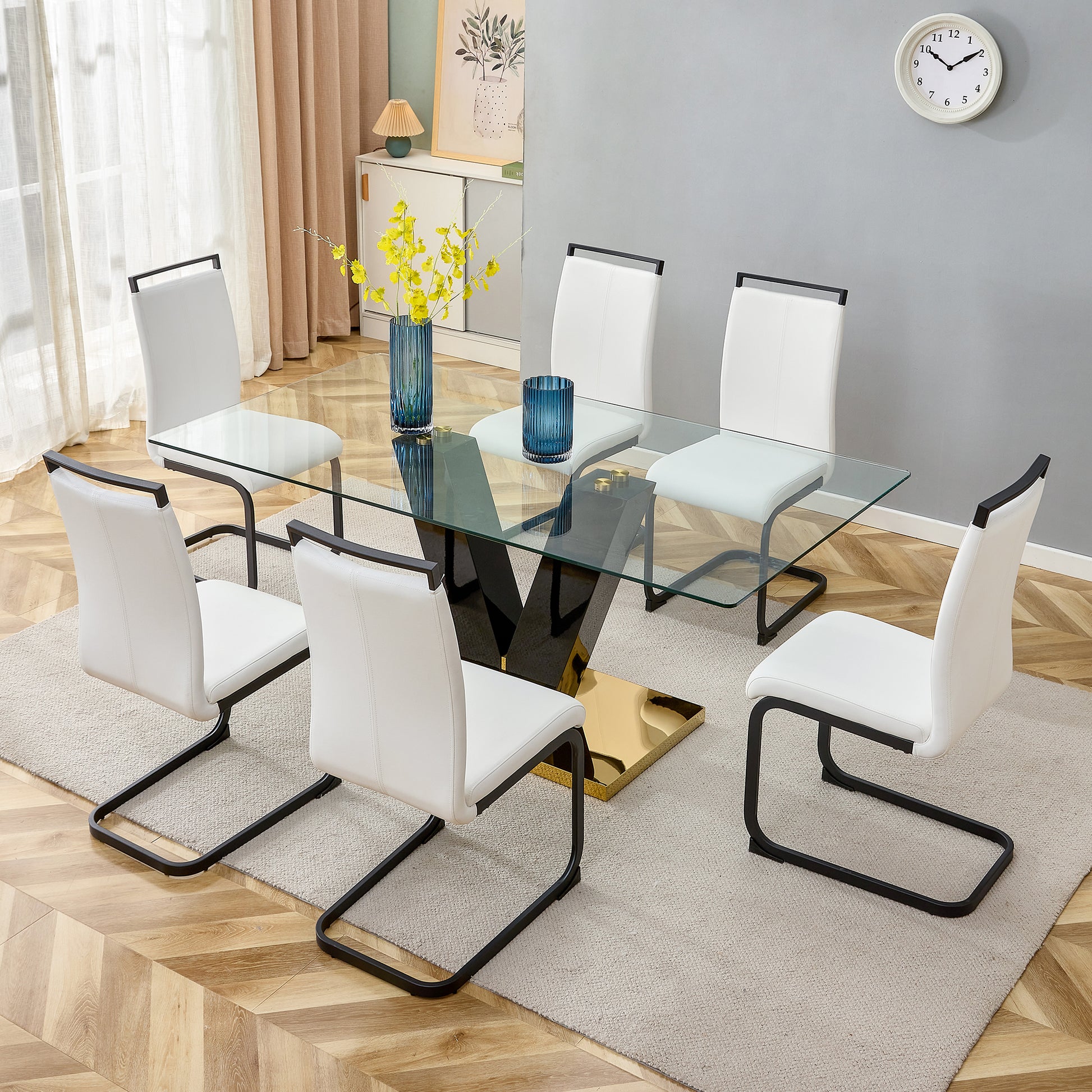 6-8 Seater Modern Minimalist 0.4" Tempered Glass Tabletop and V-Shaped Slab Legs- Black, Gold_8