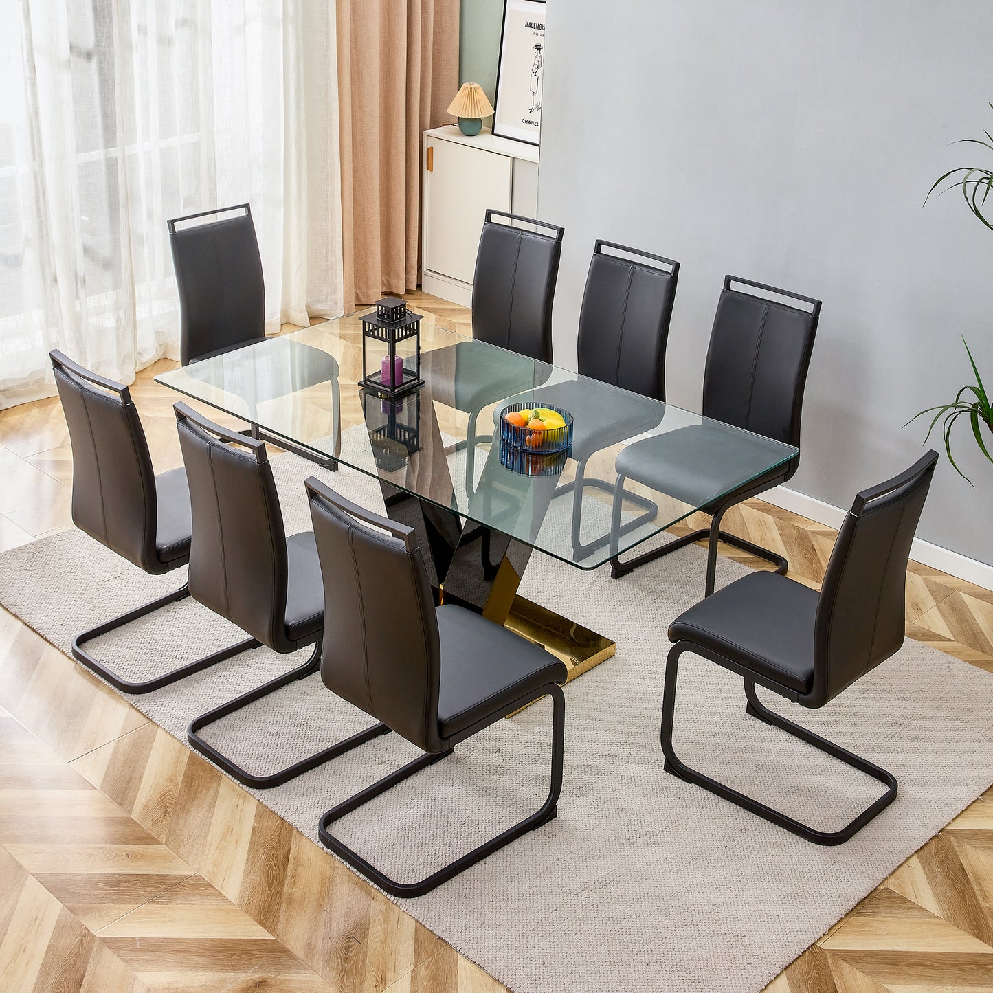 6-8 Seater Modern Minimalist 0.4" Tempered Glass Tabletop and V-Shaped Slab Legs- Black, Gold_4