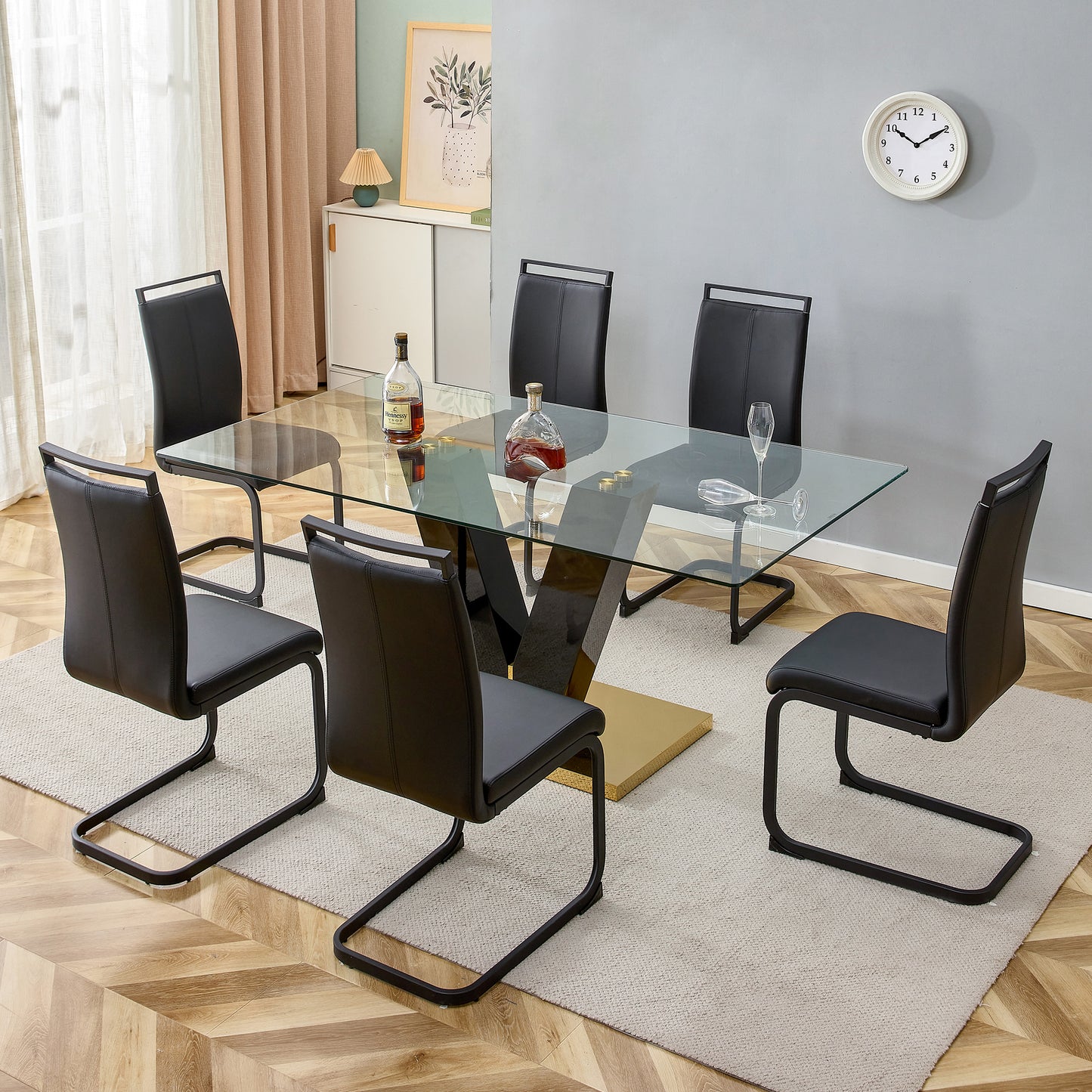 6-8 Seater Modern Minimalist 0.4" Tempered Glass Tabletop and V-Shaped Slab Legs- Black, Gold_6