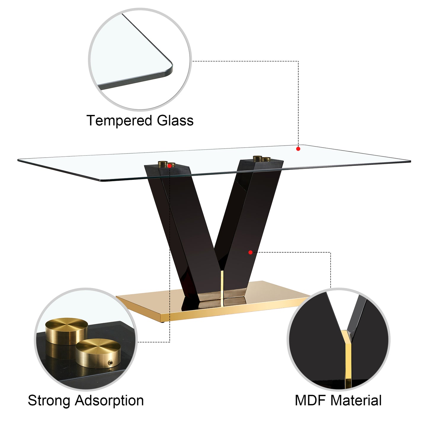 6-8 Seater Modern Minimalist 0.4" Tempered Glass Tabletop and V-Shaped Slab Legs- Black, Gold_21