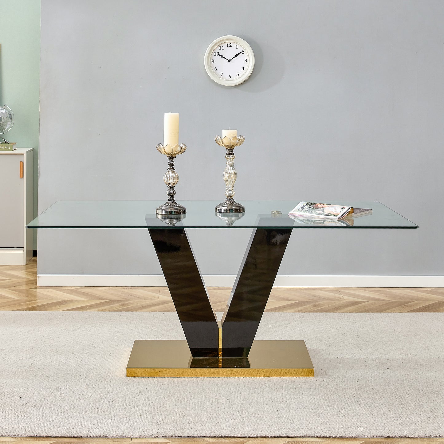 6-8 Seater Modern Minimalist 0.4" Tempered Glass Tabletop and V-Shaped Slab Legs- Black, Gold_2