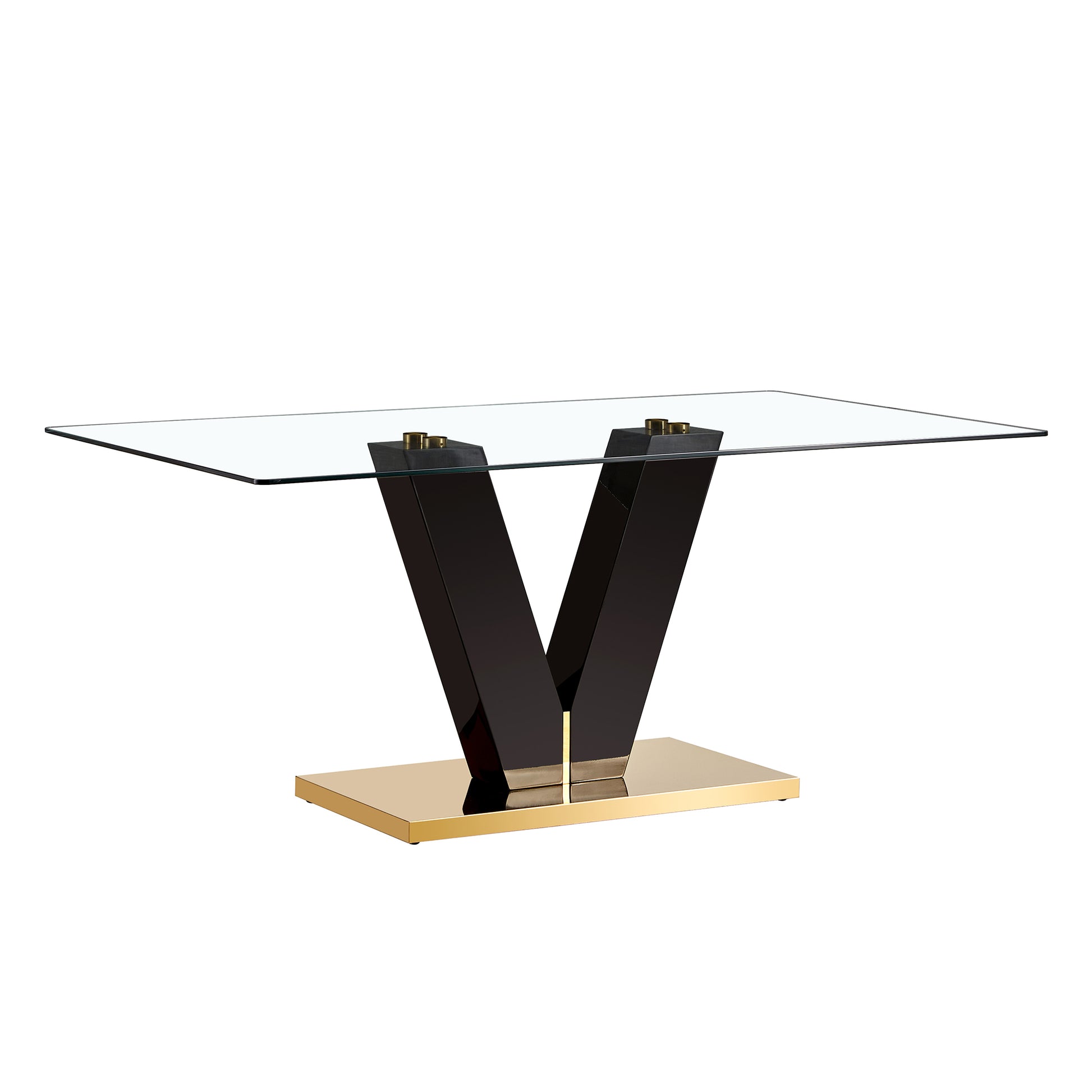 6-8 Seater Modern Minimalist 0.4" Tempered Glass Tabletop and V-Shaped Slab Legs- Black, Gold_20