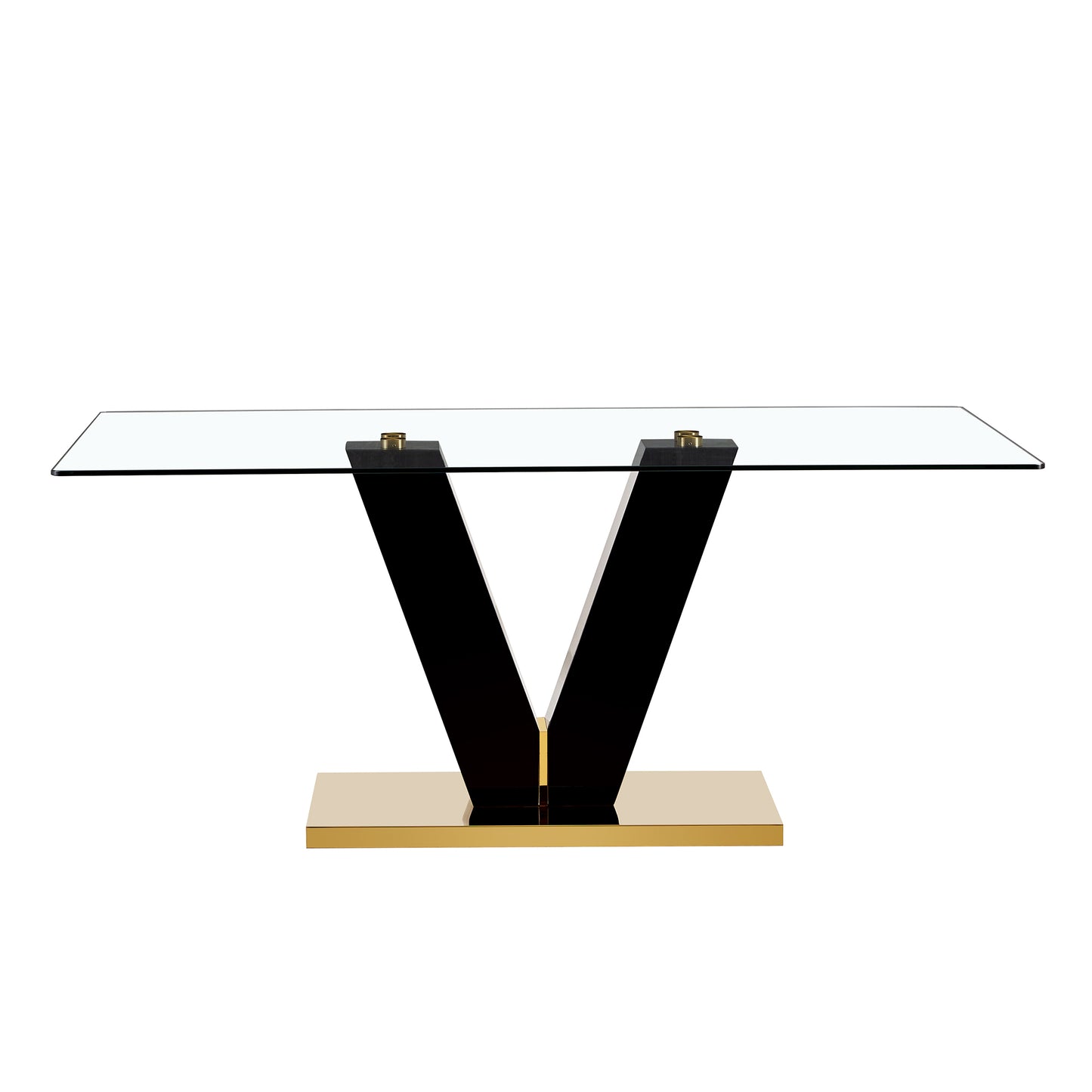 6-8 Seater Modern Minimalist 0.4" Tempered Glass Tabletop and V-Shaped Slab Legs- Black, Gold_18
