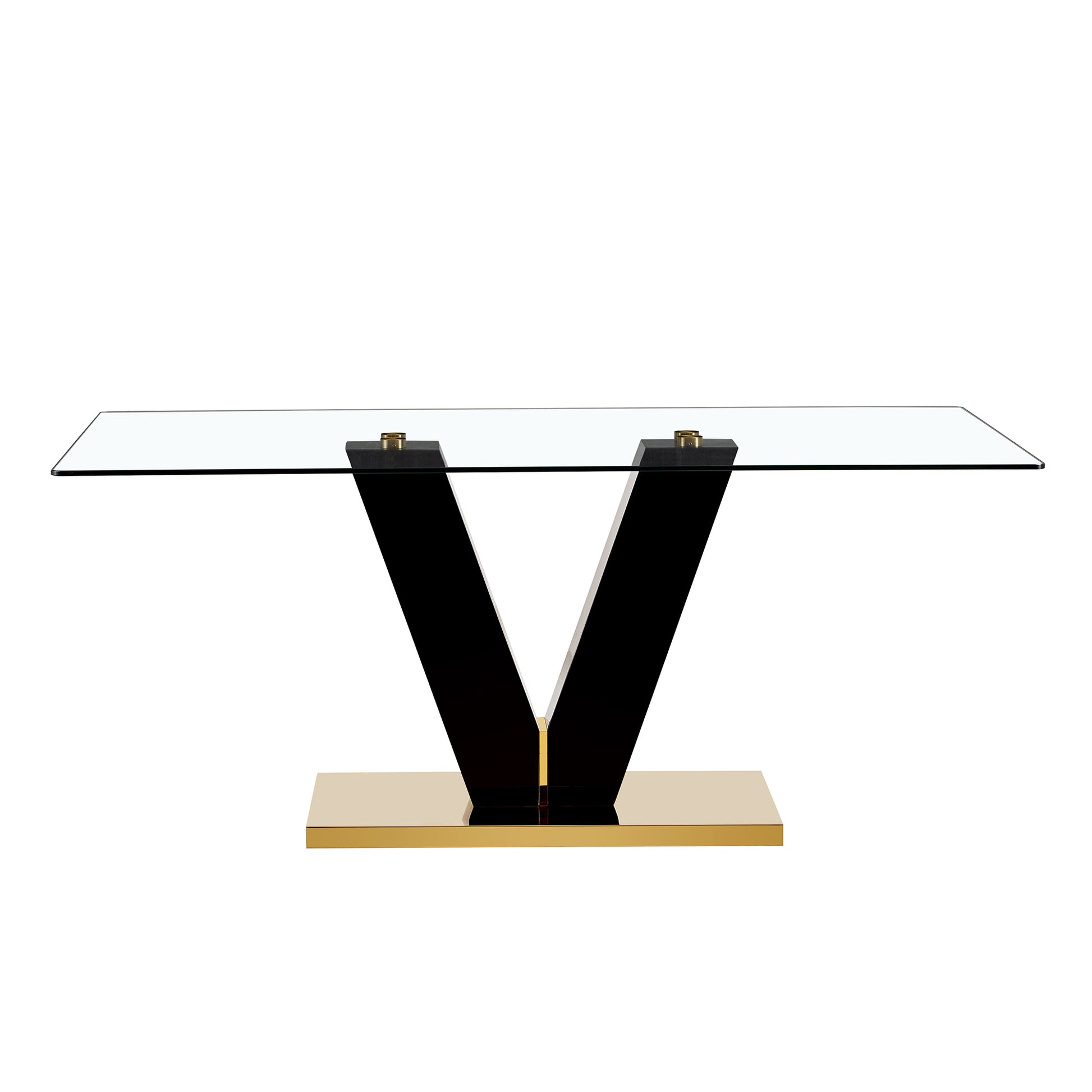 6-8 Seater Modern Minimalist 0.4" Tempered Glass Tabletop and V-Shaped Slab Legs- Black, Gold_18