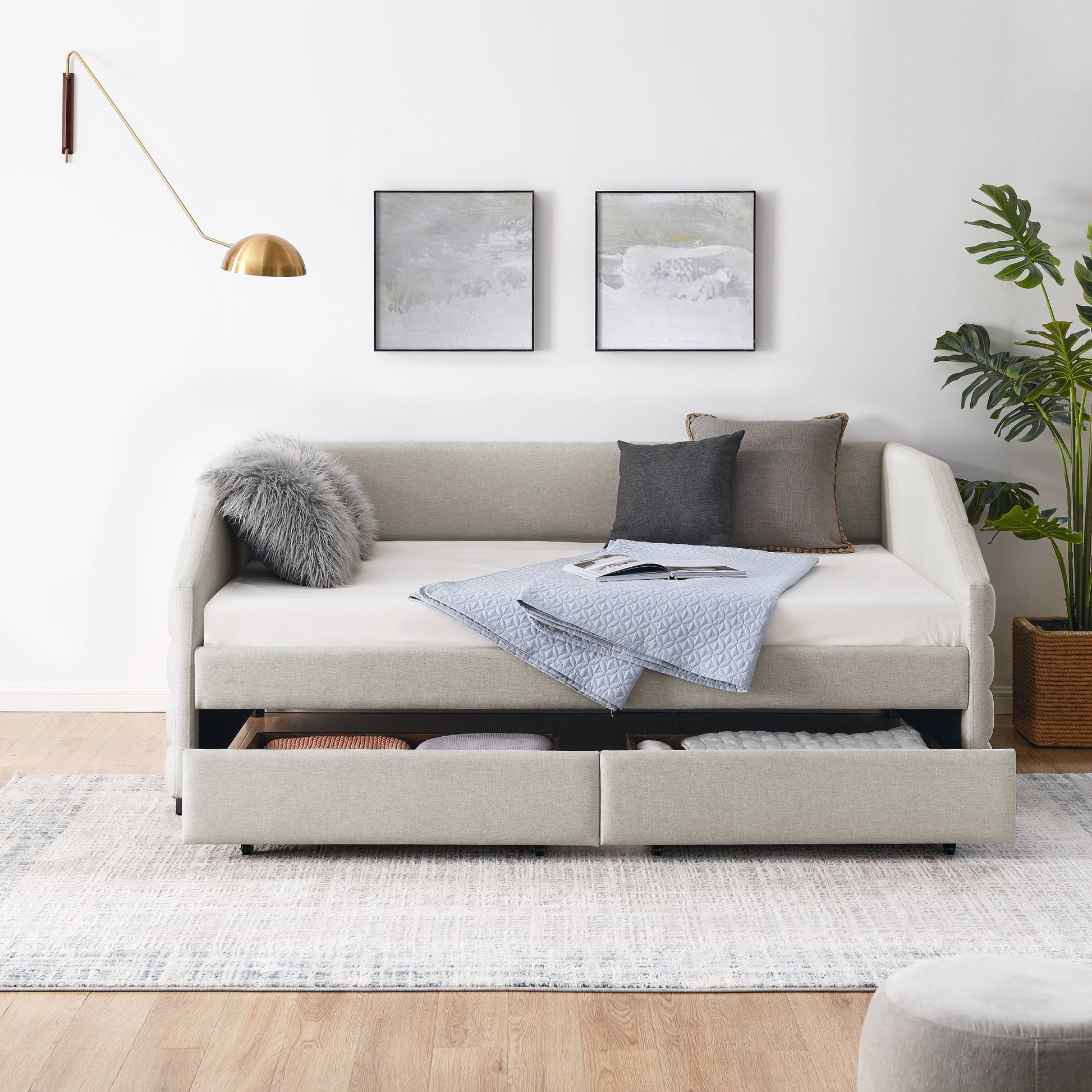 Full Size Daybed with Two Drawers Trundle Upholstered Tufted Sofa Bed- Beige_4