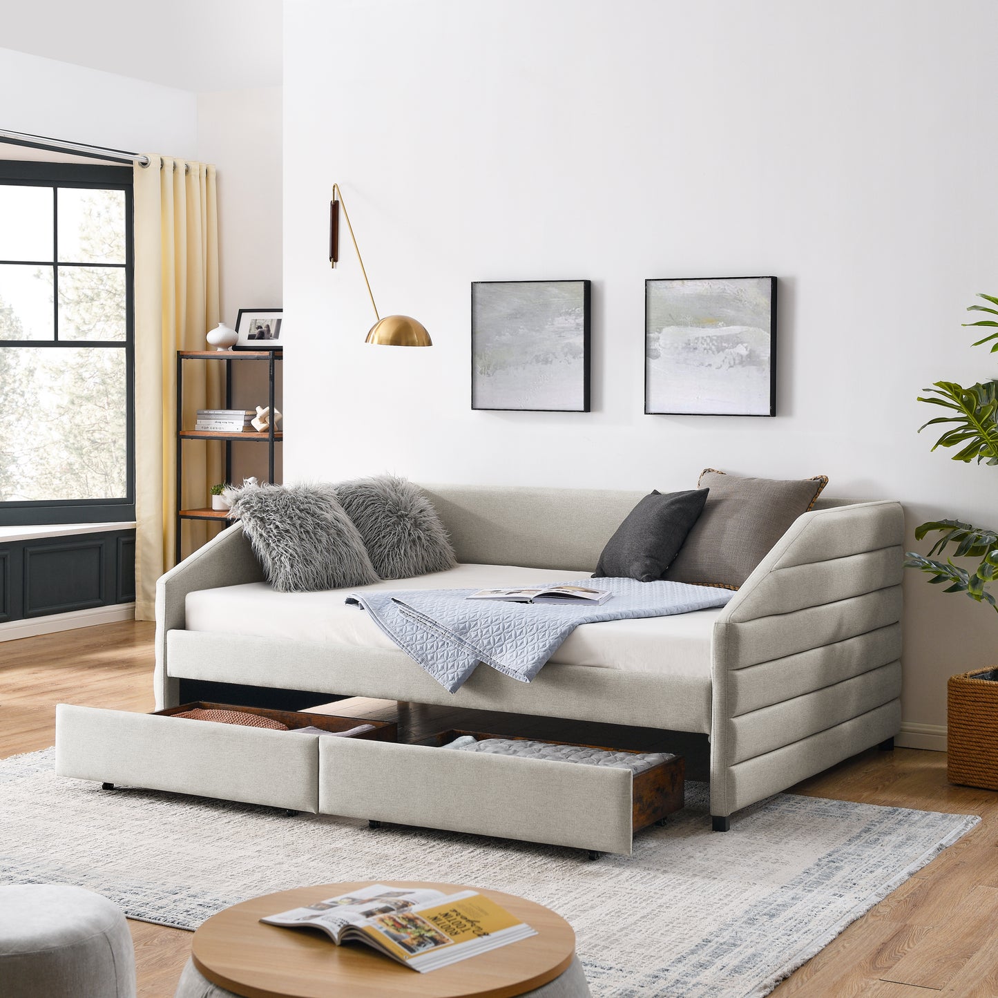 Full Size Daybed with Two Drawers Trundle Upholstered Tufted Sofa Bed- Beige_1