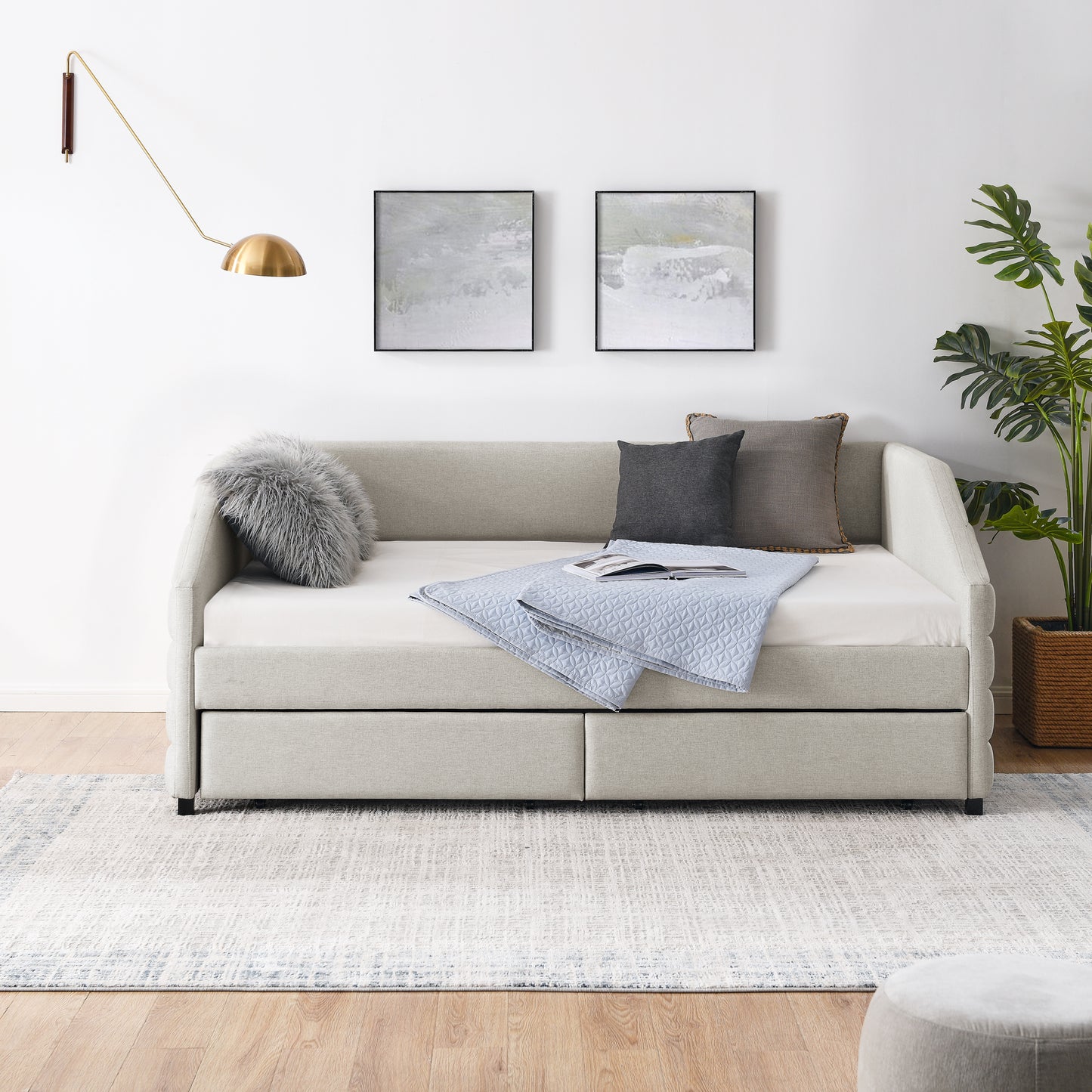 Full Size Daybed with Two Drawers Trundle Upholstered Tufted Sofa Bed- Beige_3