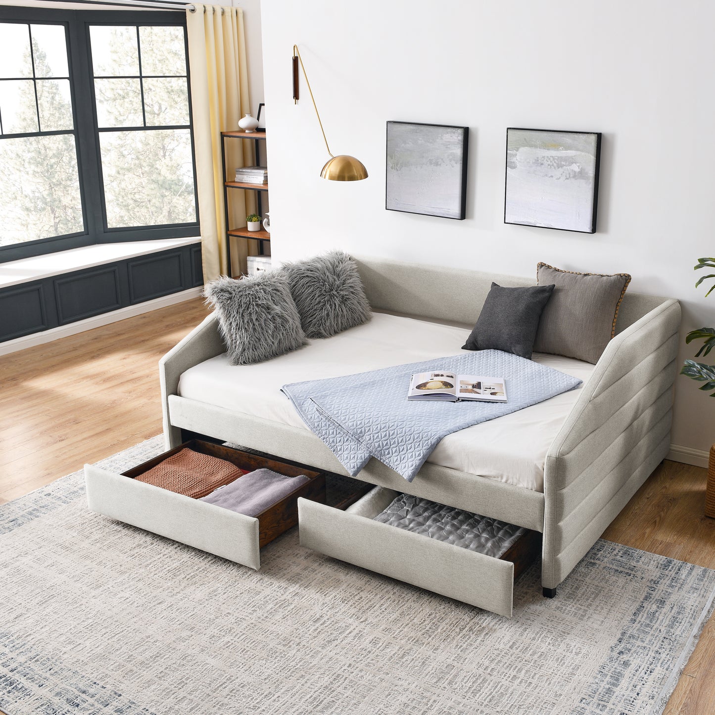Full Size Daybed with Two Drawers Trundle Upholstered Tufted Sofa Bed- Beige_0